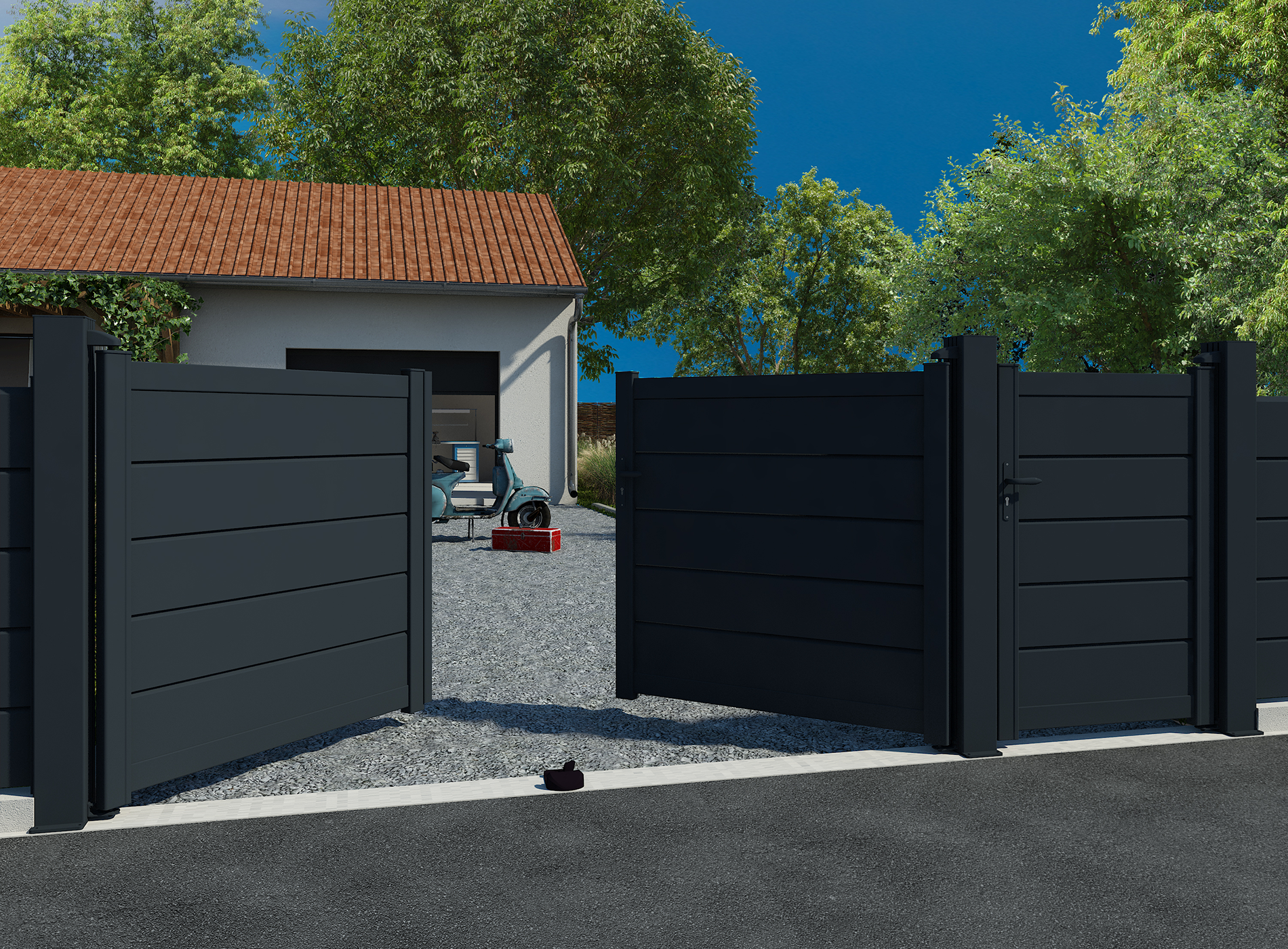 Portail battant en aluminium ALIZ, gris zinc 7016