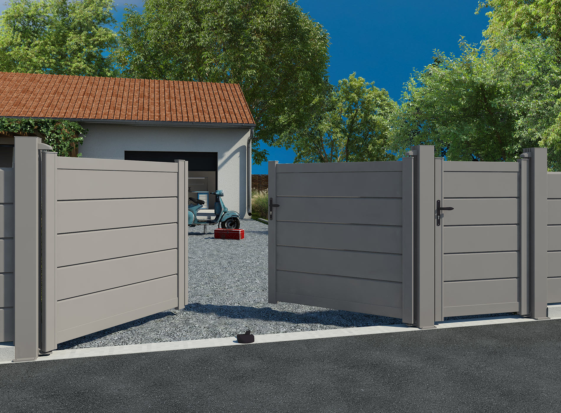 Klos up portail aluminium battant ALIZ lames persiennes 255 - Gris Quartz 7039