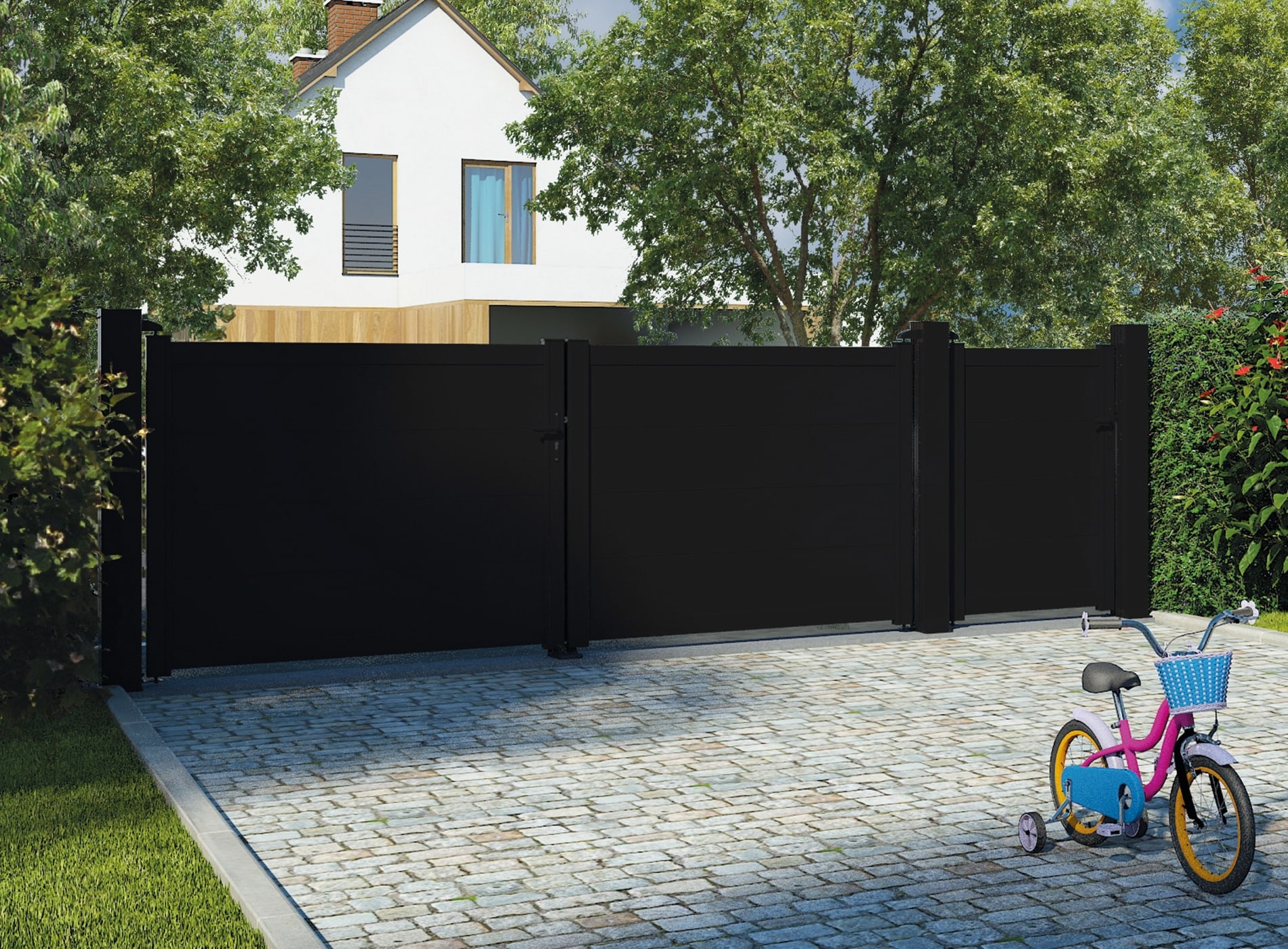 Klos up portail aluminium battant HEZO lames pleines 300 - Noir Sablé 2100