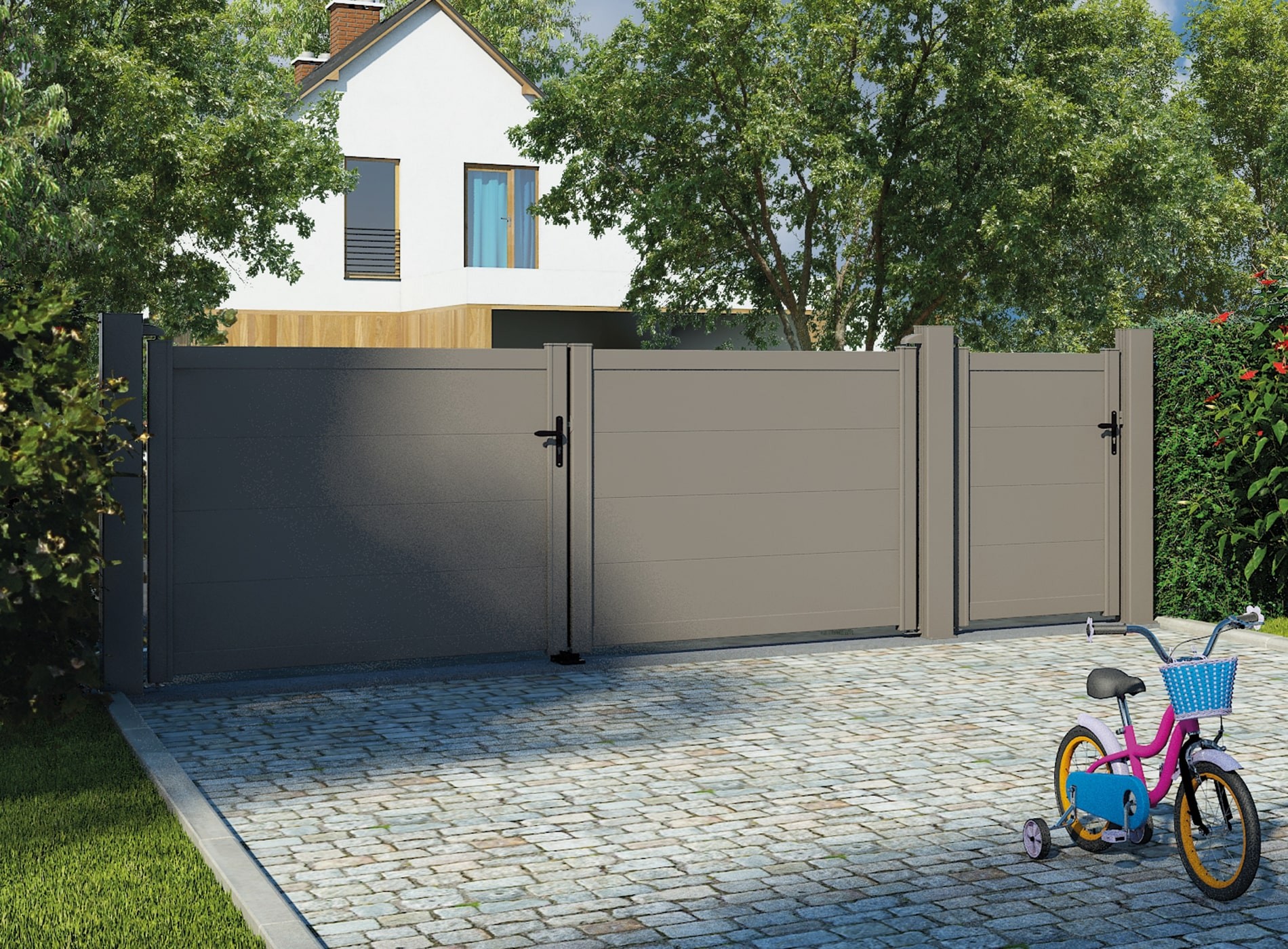 Klos up portail aluminium coulissant HEZO lames pleines 300 - Gris Quartz 7039