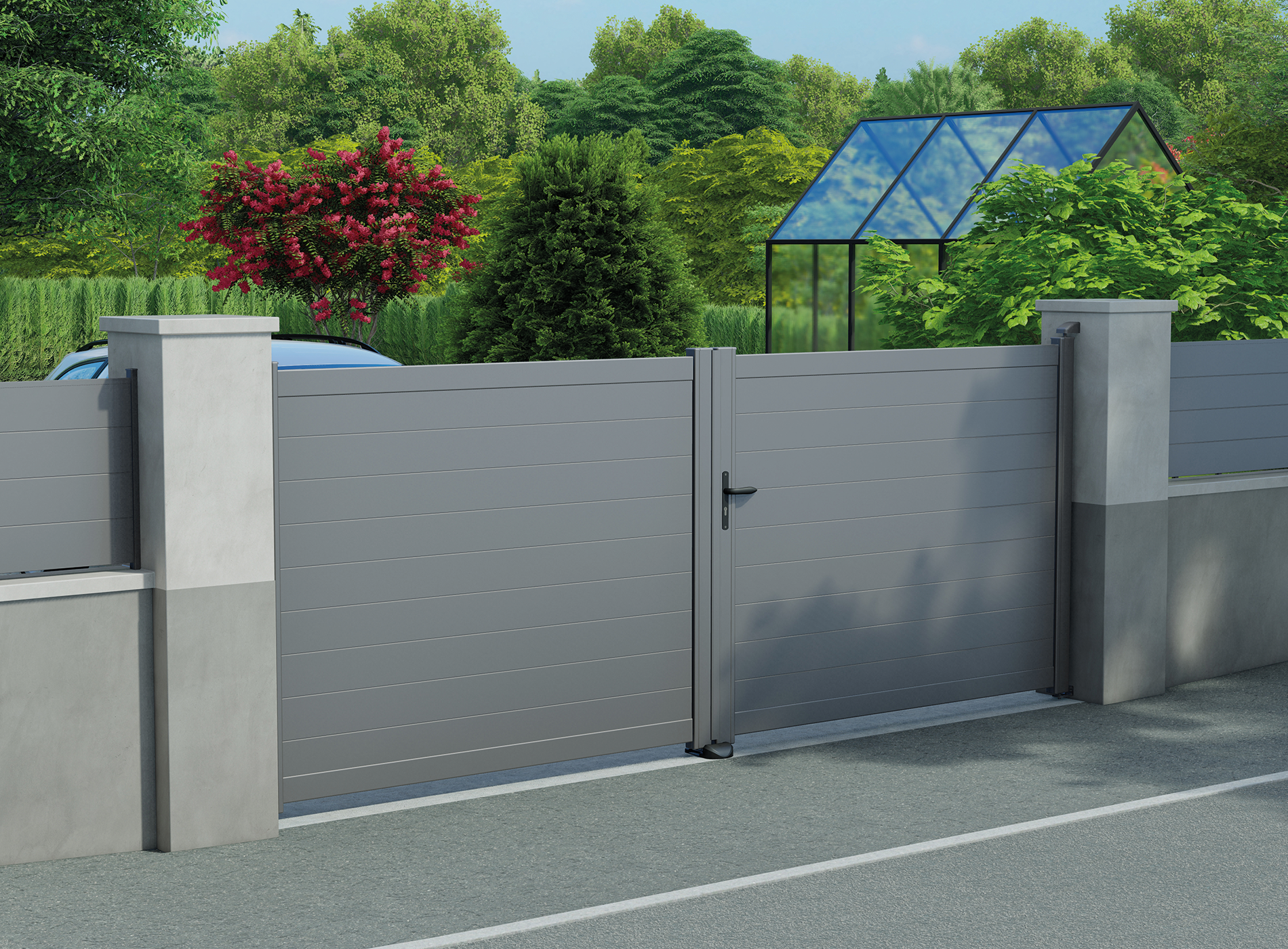 Klos up portail aluminium battant LAO lames pleines 150 - Gris Sable 2900