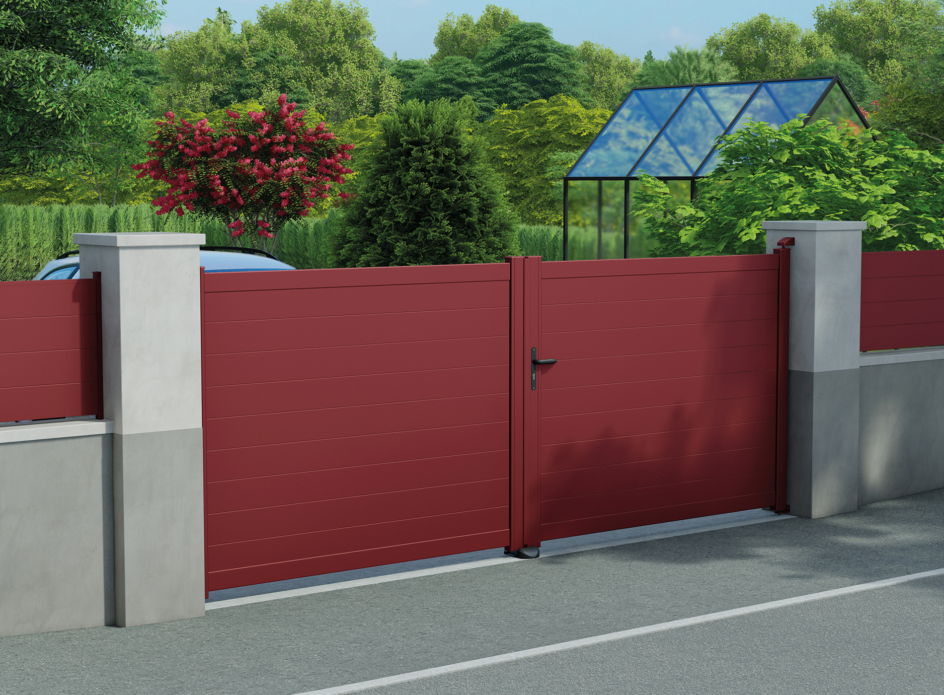 Klos up portail aluminium battant LAO lames pleines 150 - Rouge 3004