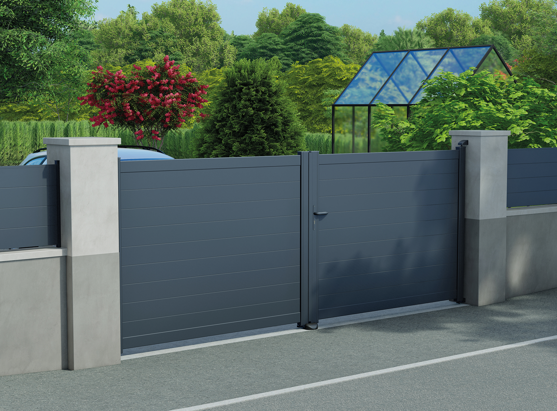 Klos up portail aluminium battant LAO lames pleines 150 - Gris Zinc 7016