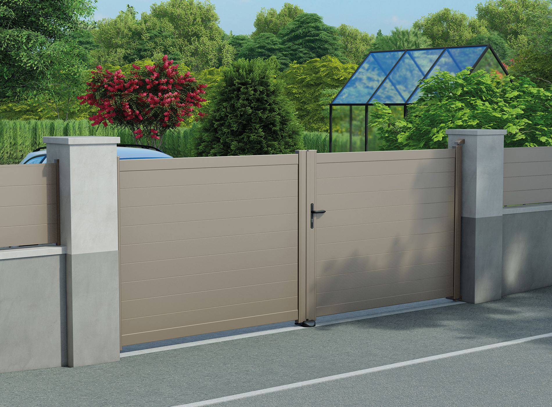 Klos up portail aluminium battant LAO lames pleines 150 - Gris Quartz 7039