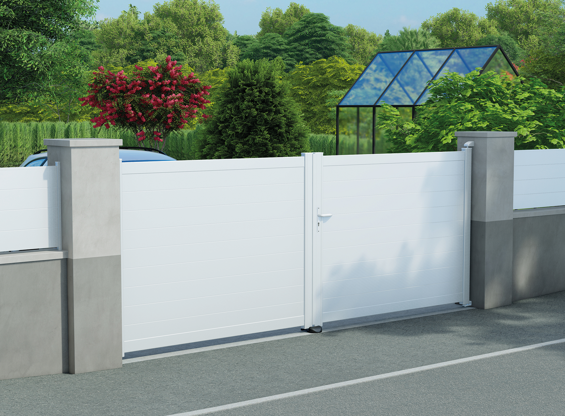 Klos up portail aluminium battant LAO lames pleines 150 - Blanc 9016