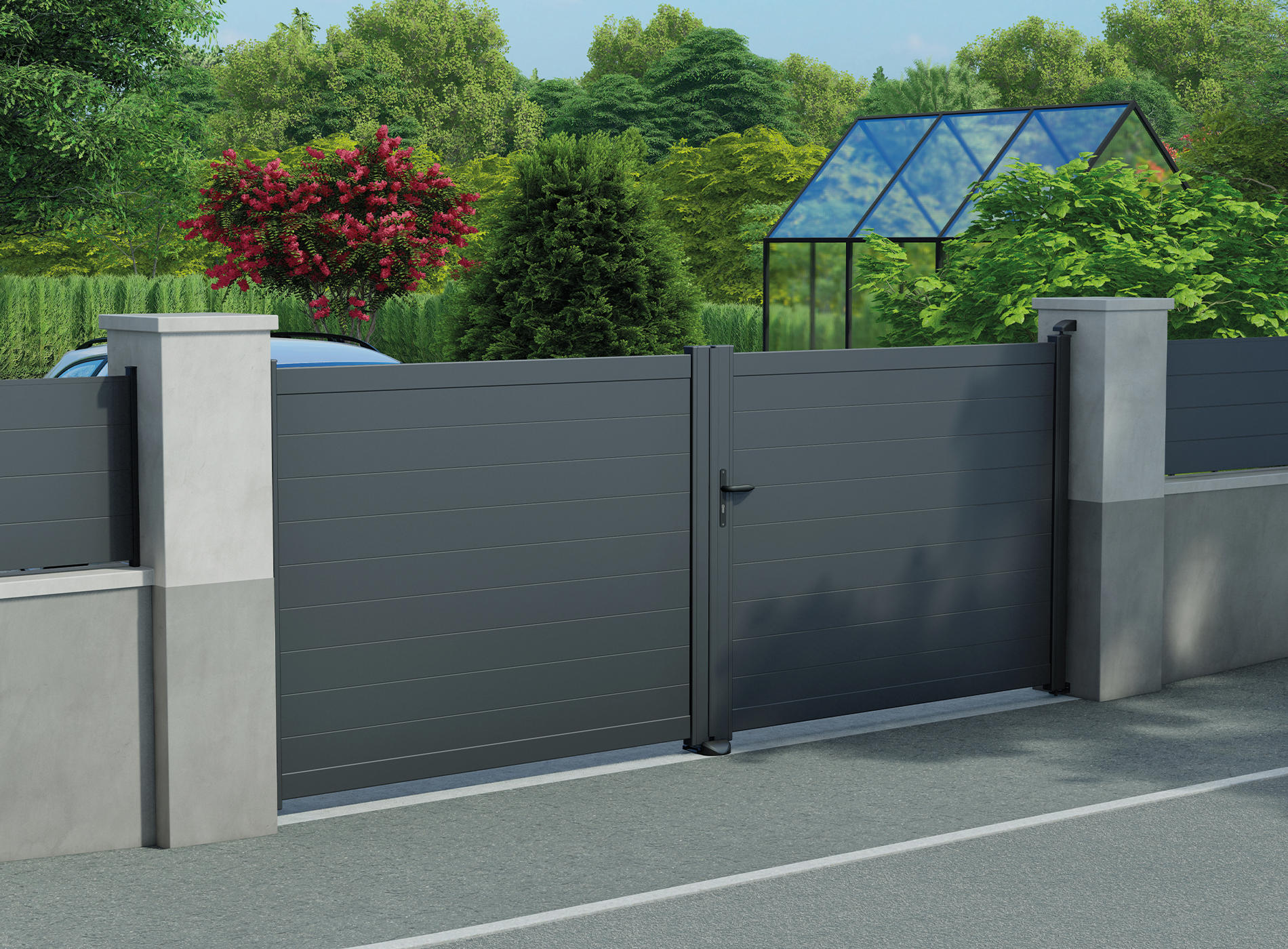 Klos up portail aluminium battant LAO lames pleines 150 - Noir Sable 2100