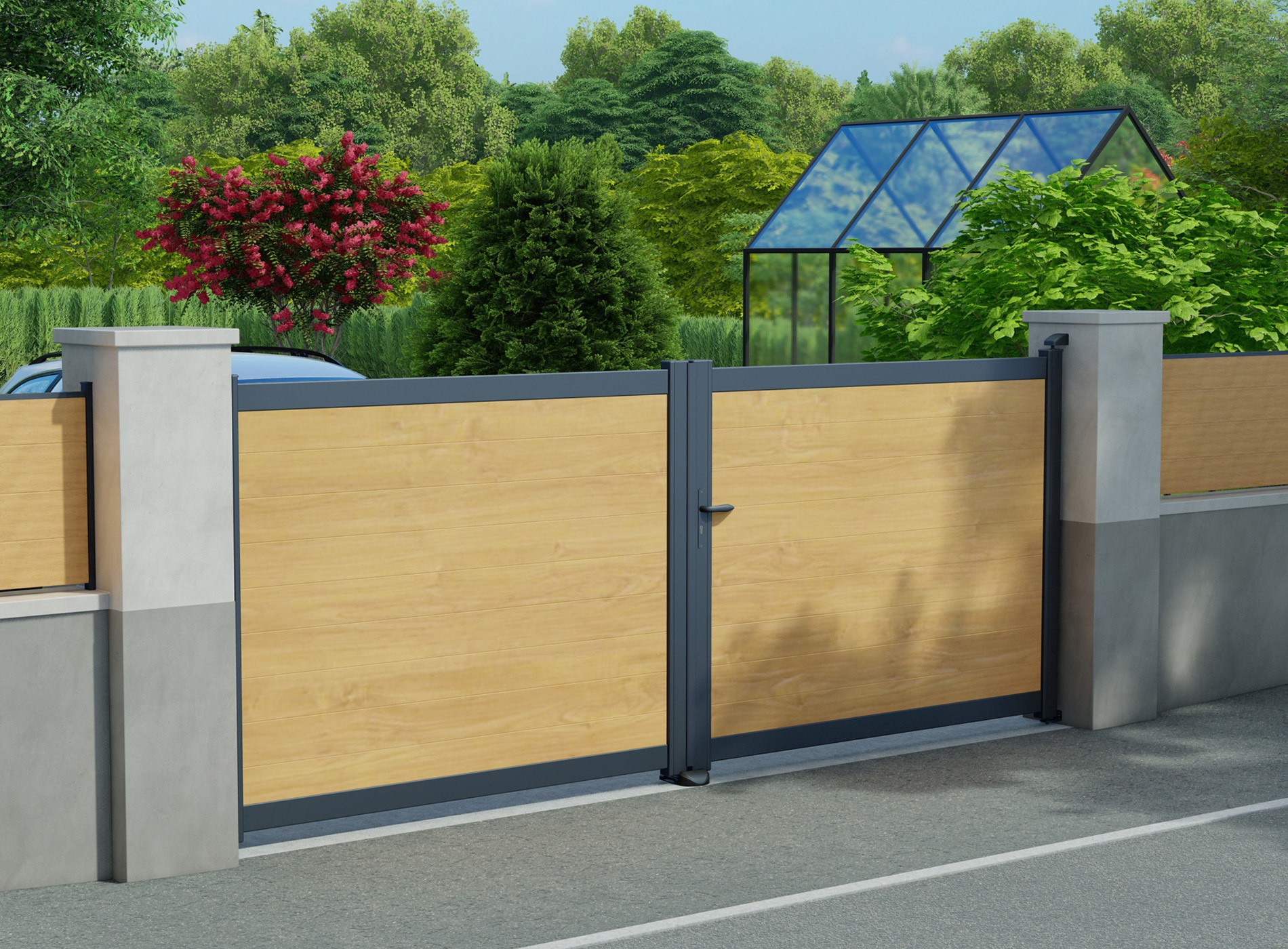 Portail battant LAO lames pleines 150 - Chêne Irlandais + Gris Zinc