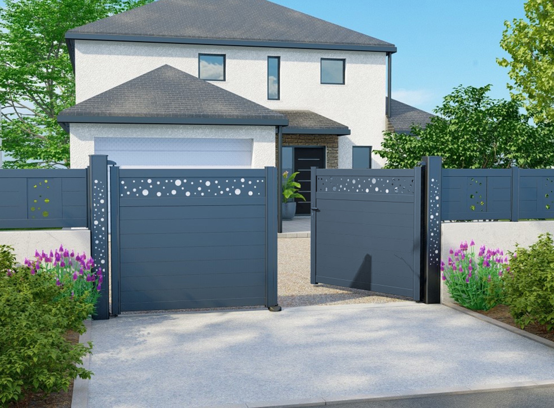 Portail battant décor BULLE horizontal Gris Zinc