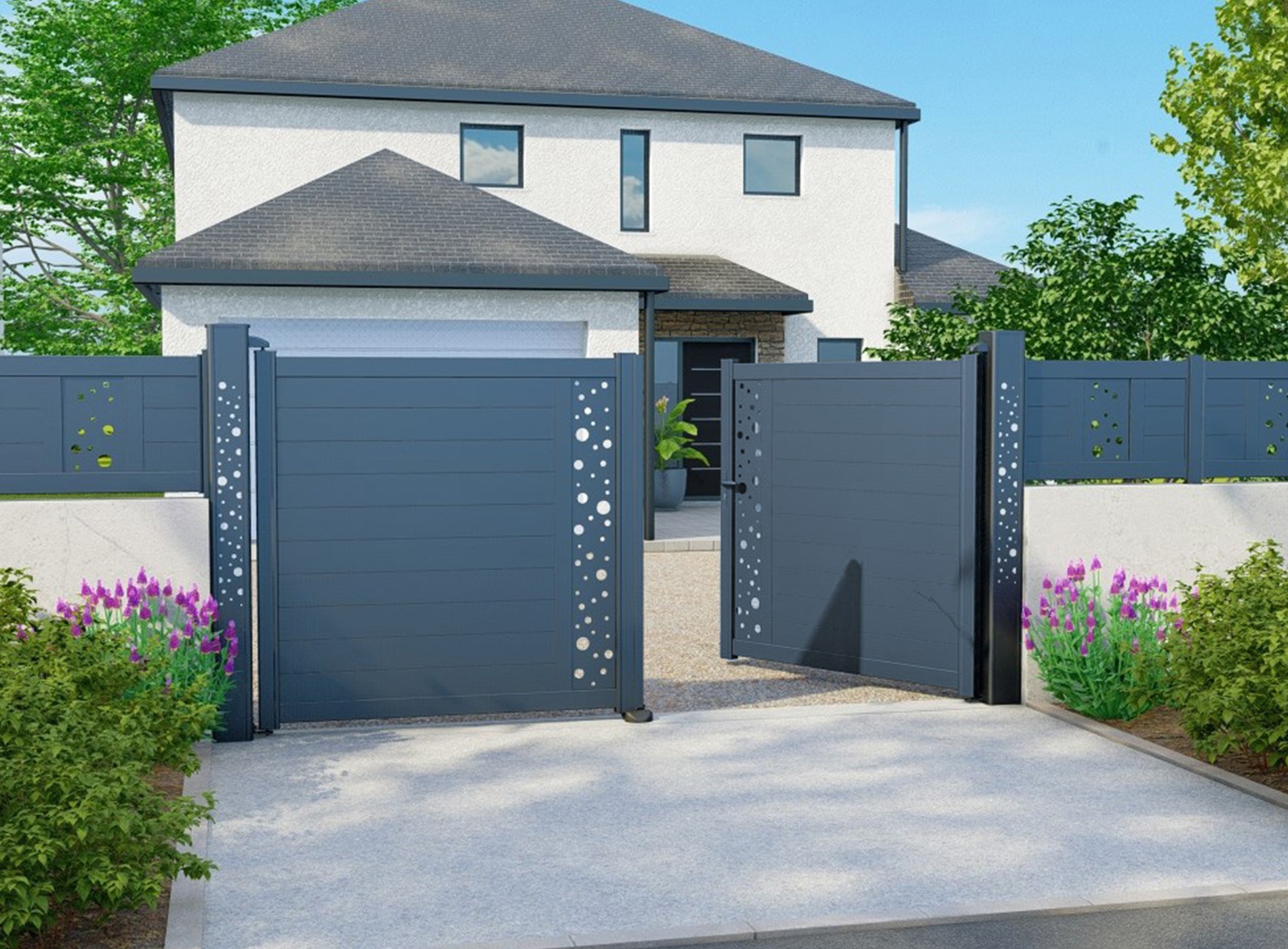 Portail battant décor BULLE vertical Gris Zinc