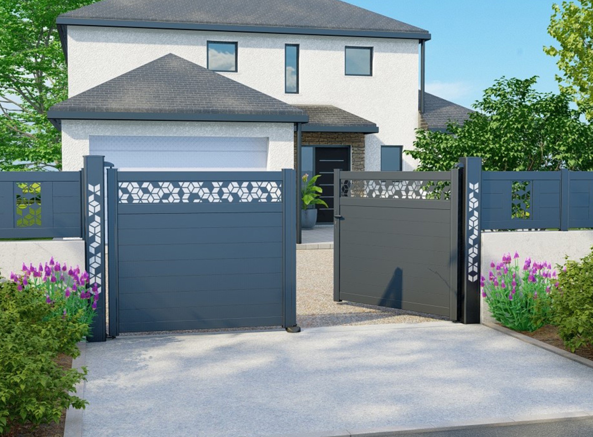 Portail battant décor GRAFIK horizontal Gris Zinc 7016