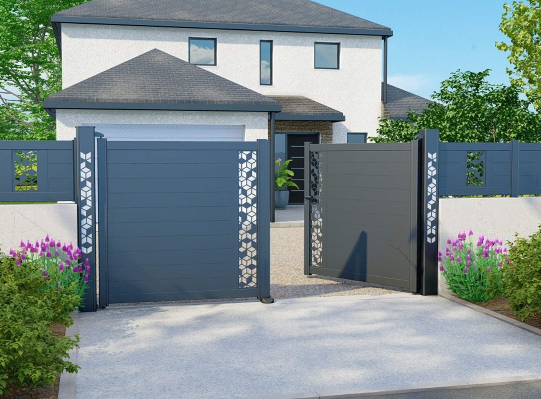 Portail battant décor GRAFIK vertical Gris Zinc 7016