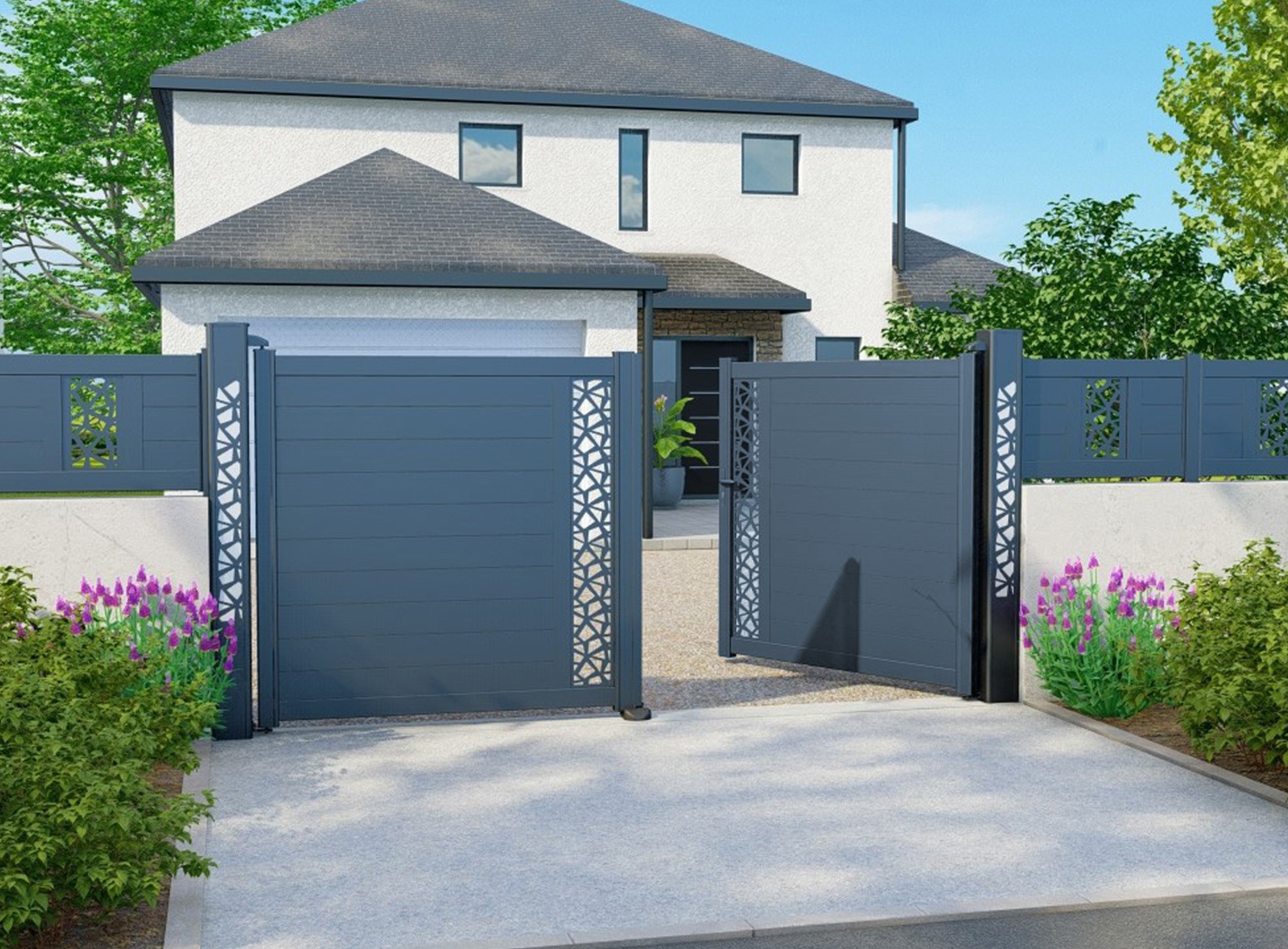 Klos up portail aluminium battant Polygo décor vertical Gris Zinc