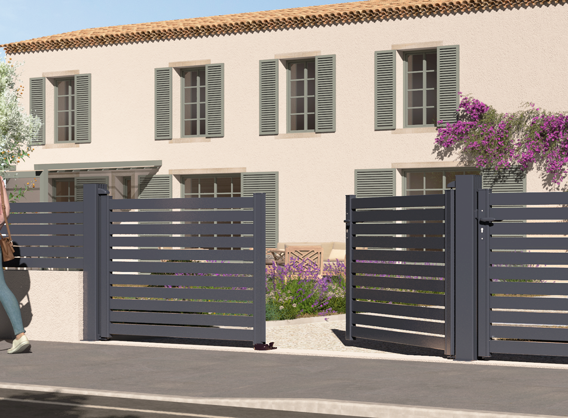 Portail en aluminium TREZ lames ajourées Gris Zinc 7016