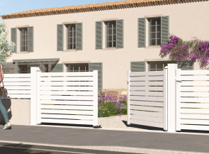 Klos up portail battant aluminium - lame ajourée TREZ - Blanc 9016C
