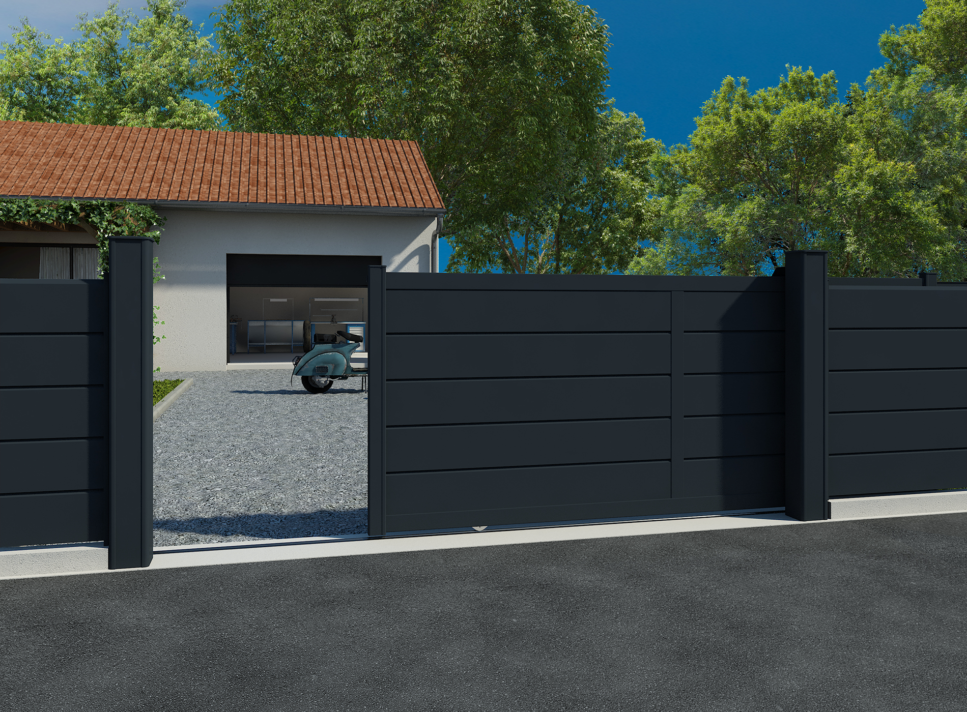 Portail coulissant en aluminium ALIZ, Gris Zinc 7016