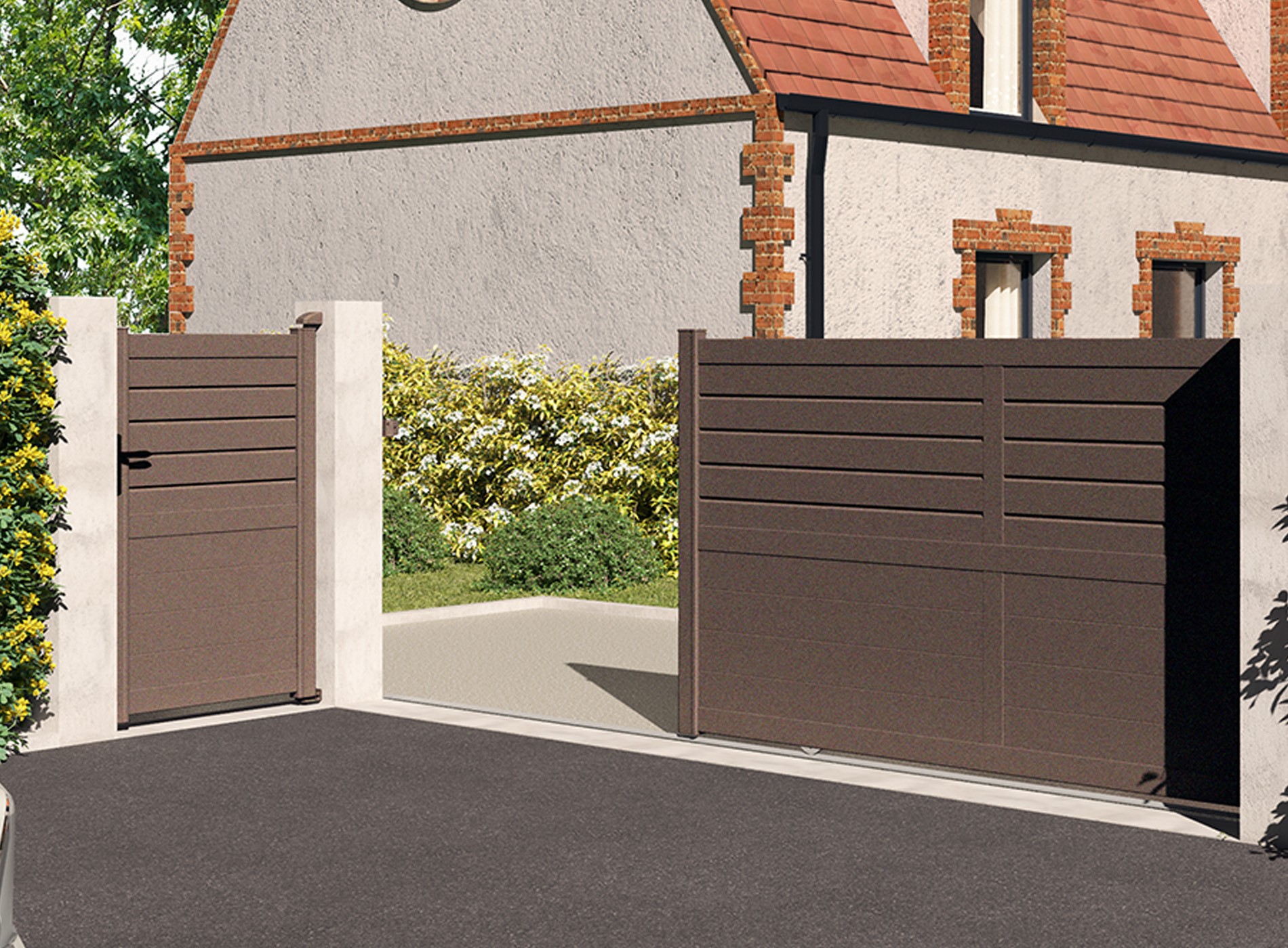 Klos Up Portail coulissant CARNAC lames pleines et persiennes - Gris Sablé 2900