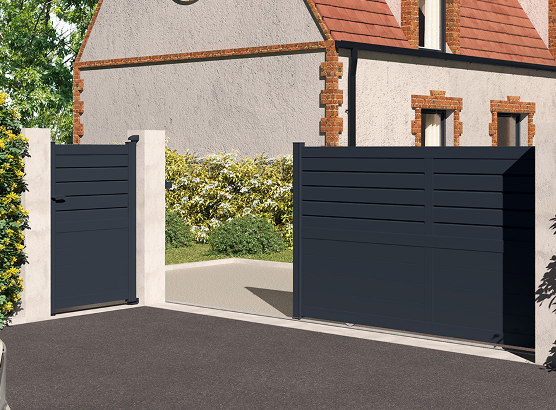 Klos Up Portail coulissant CARNAC lames pleines et persiennes - Gris Zinc 7016