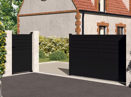 Klos Up Portail coulissant CARNAC lames pleines et persiennes - Noir 9005