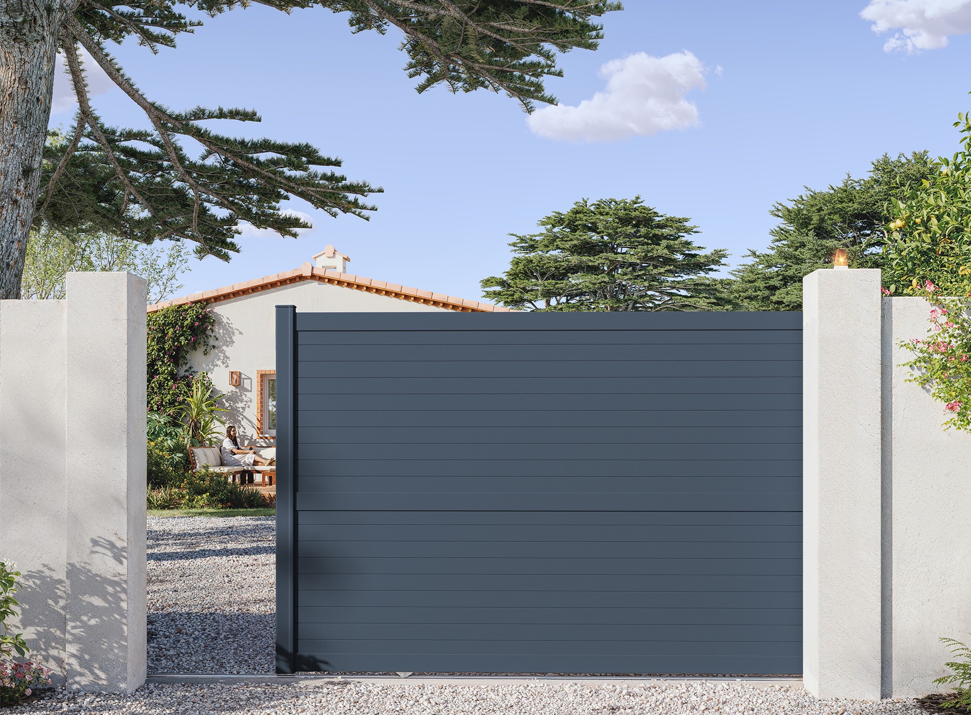 Portail coulissant en aluminium CONCARNEAU, gris zinc 7016