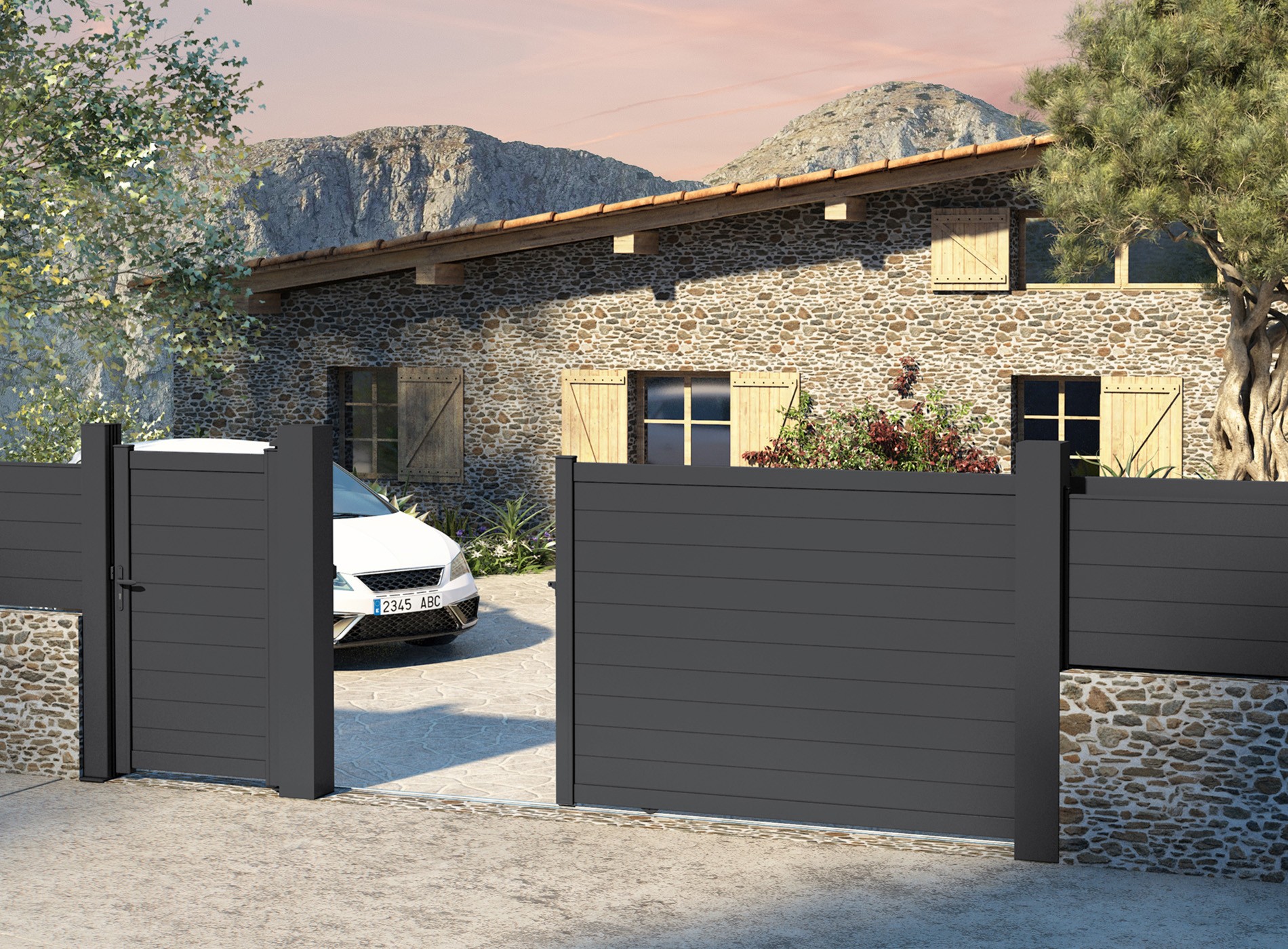 Klos up portail aluminium battant LAO lames pleines 150 - Noir Sable 2100