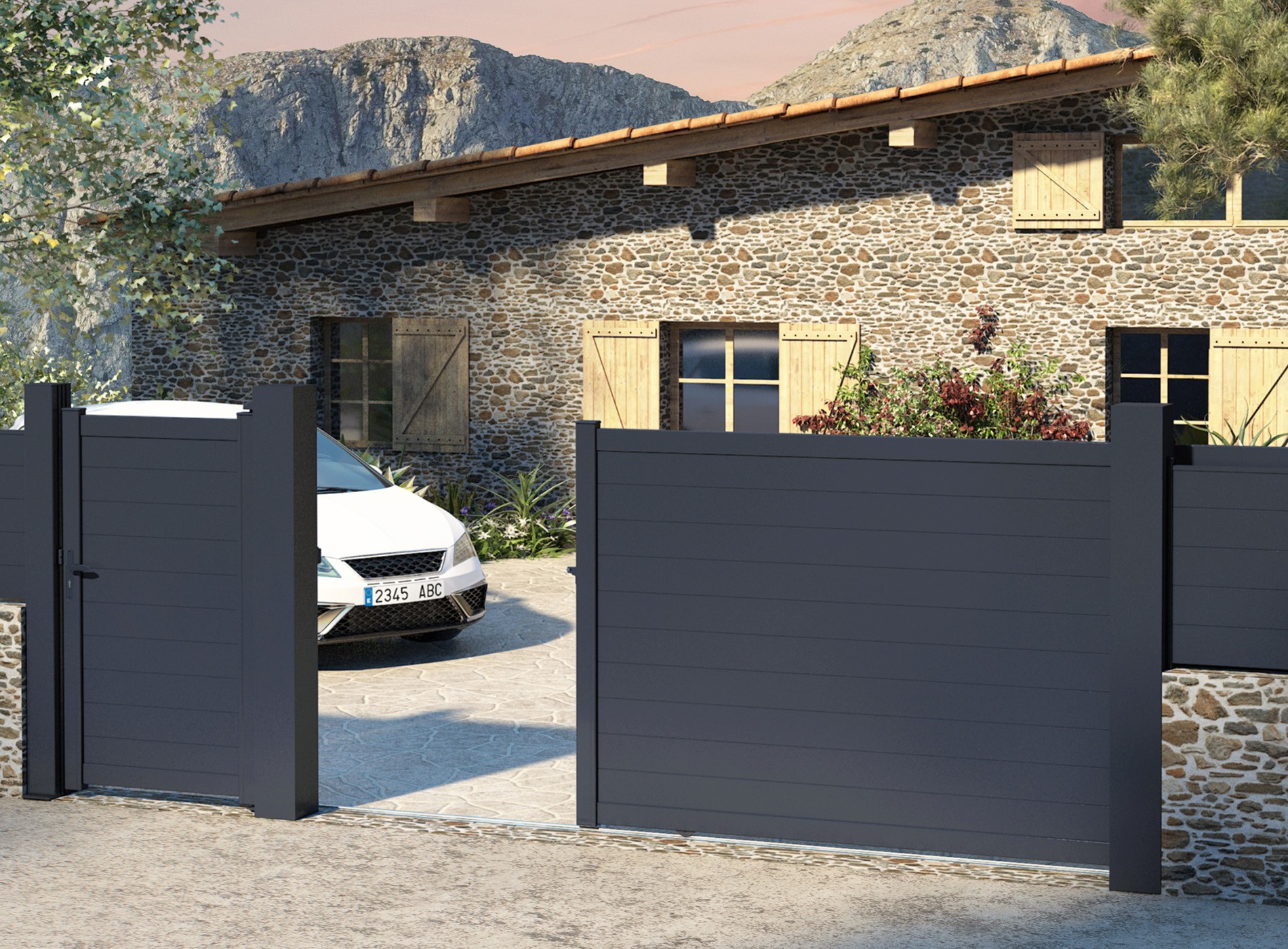 Klos up portail aluminium coulissant LAO lames pleines 150 - Gris Zinc 7016