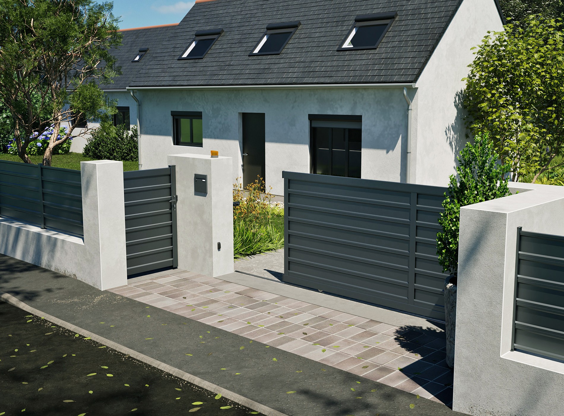 Portail coulissant en aluminium LEIZ, gris zinc 7016