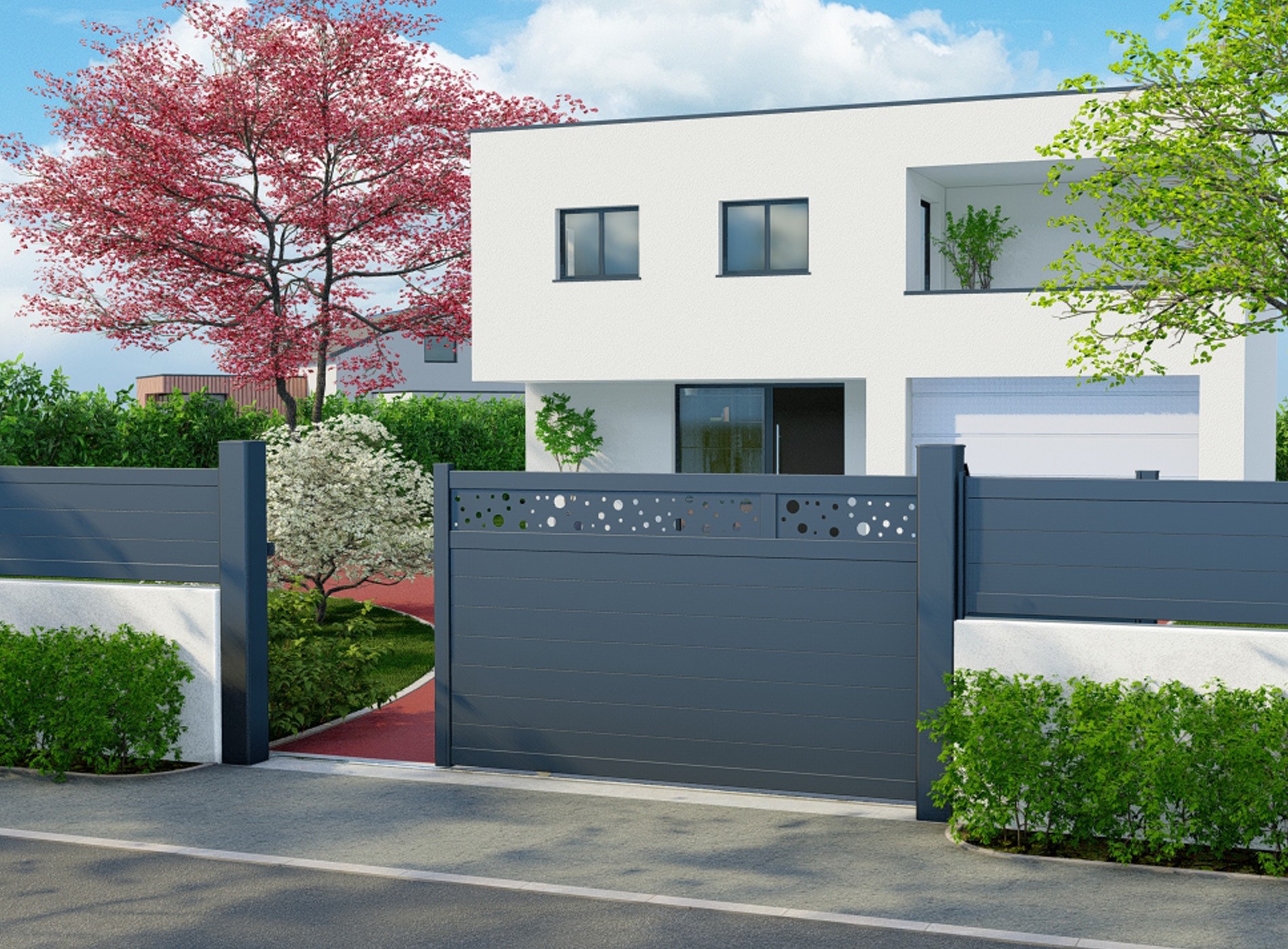 Portail décor coulissant BULLE horizontal gris zinc 7016