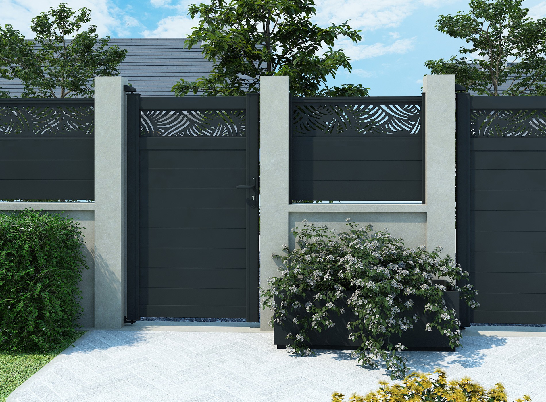 Portillon en aluminium décor PALM horizontal , gris zinc 7016