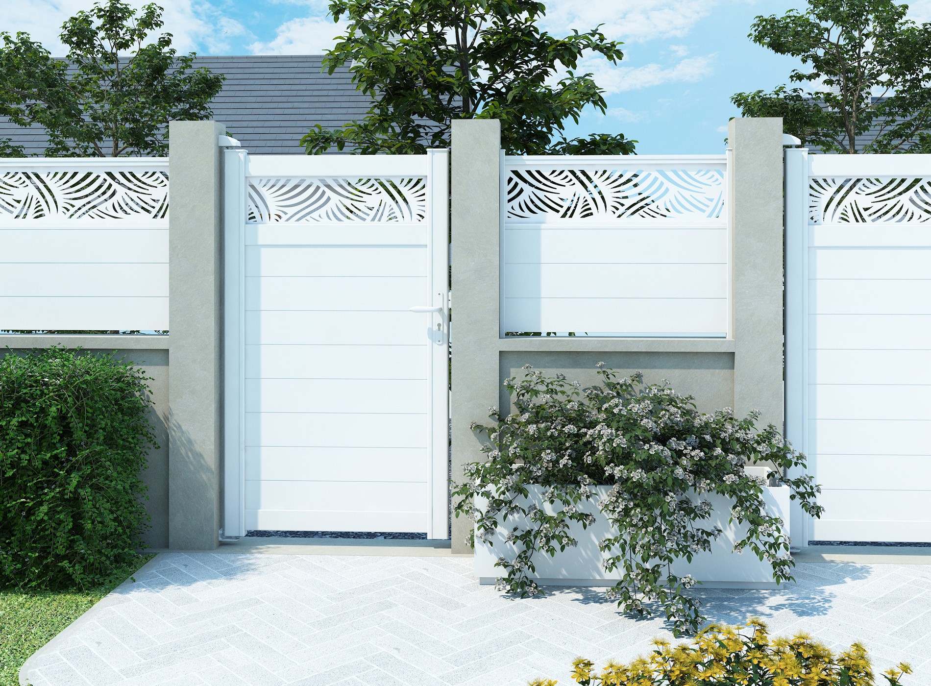 Portillon en aluminium décor PALM horizontal , Blanc 9016