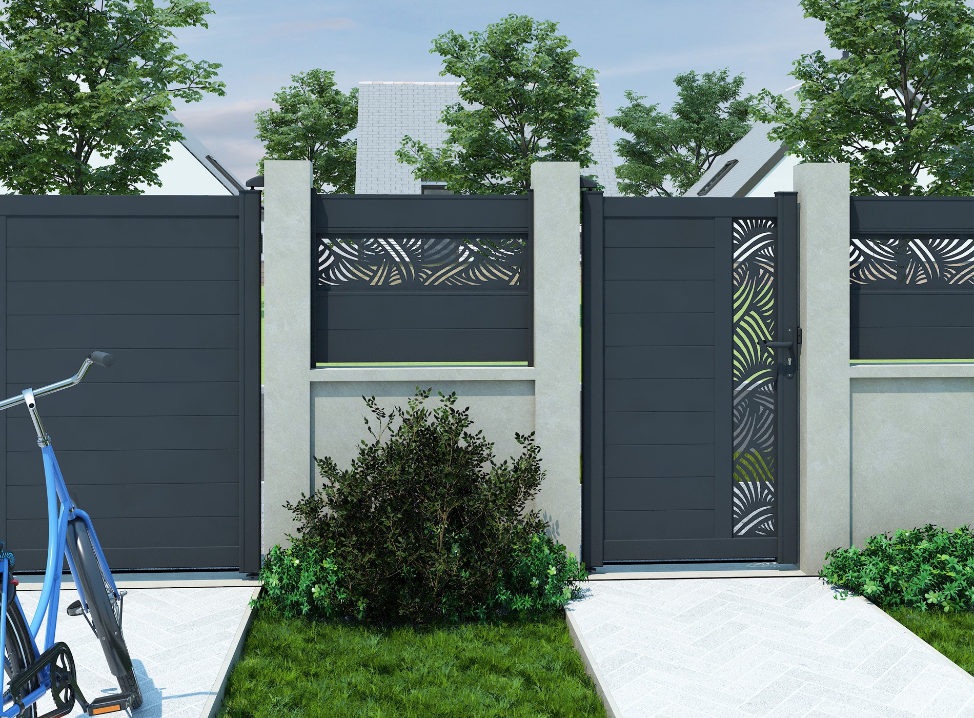 Portillon en aluminium décor PALM vertical, gris zinc 7016