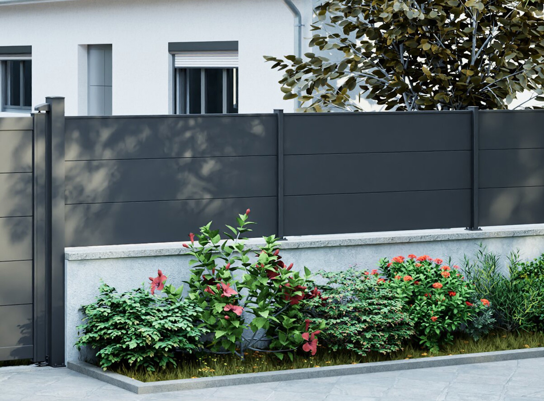 Clôture HEZO lames pleines 300 mm en Gris Zinc 7016C
