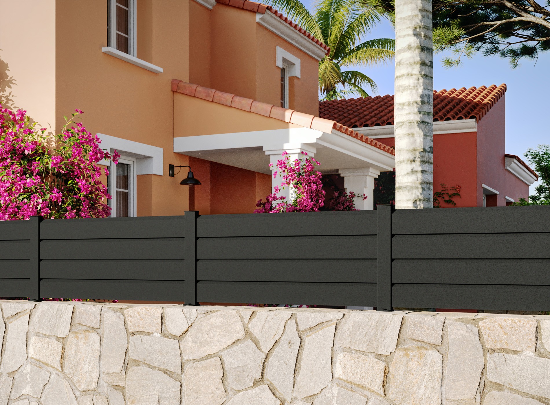 Clôture en aluminium Zef, lame persienne 130 mm, Noir Sable 2100