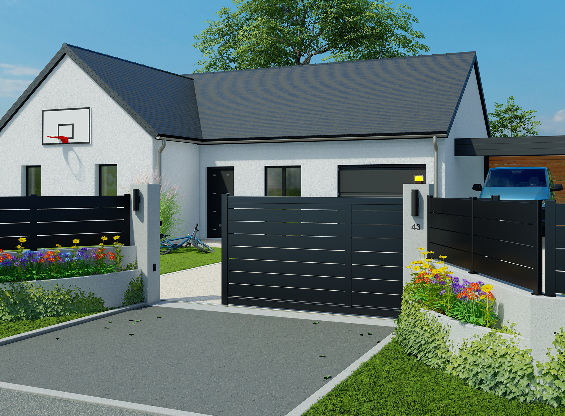 Portail coulissant en aluminium BONO, Noir Sablé 2100