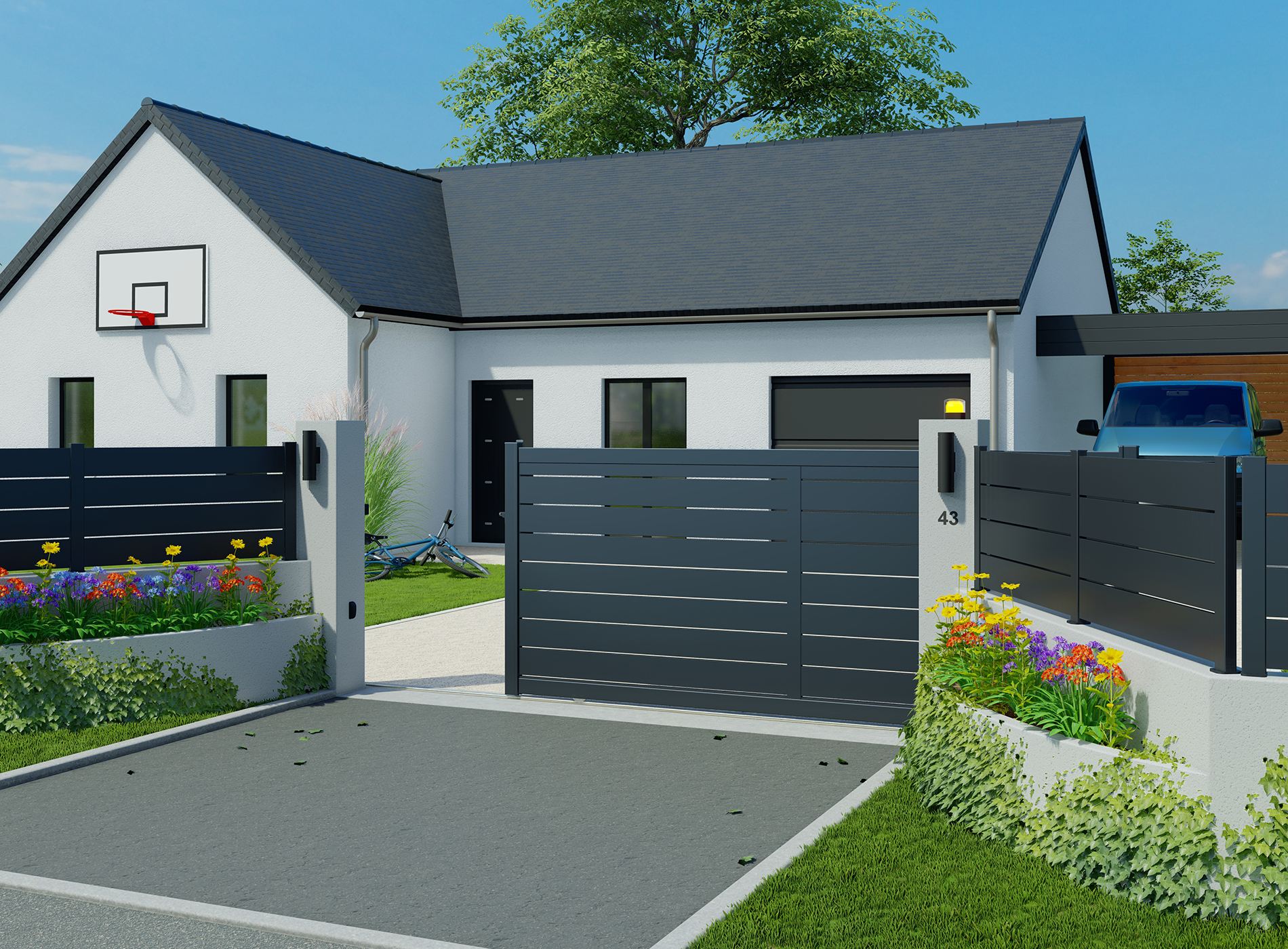 Portail coulissant en aluminium BONO, gris zinc 7016