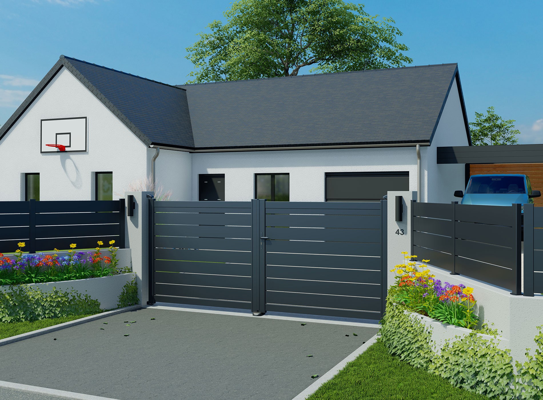 Portail en aluminium BONO, Gris Zinc 7016