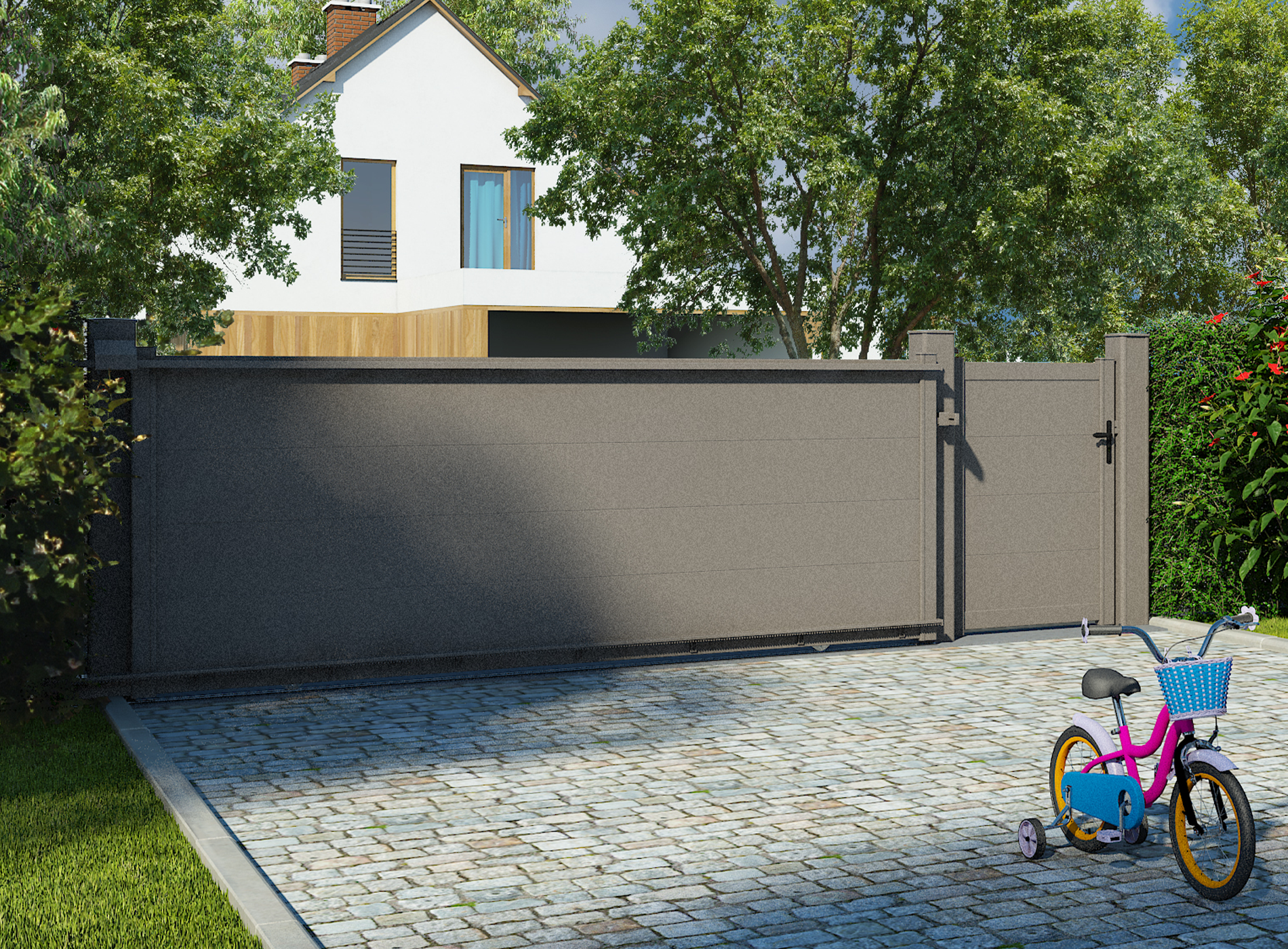 Portail coulissant en aluminium HEZO, Gris Sablé 2900