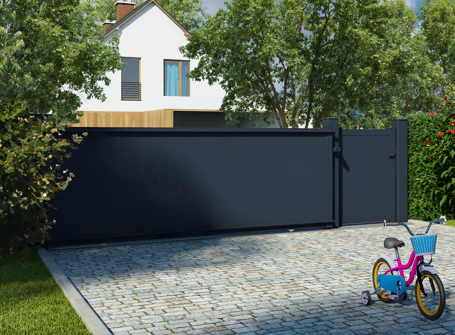 Portail coulissant en aluminium HEZO, gris zinc 7016