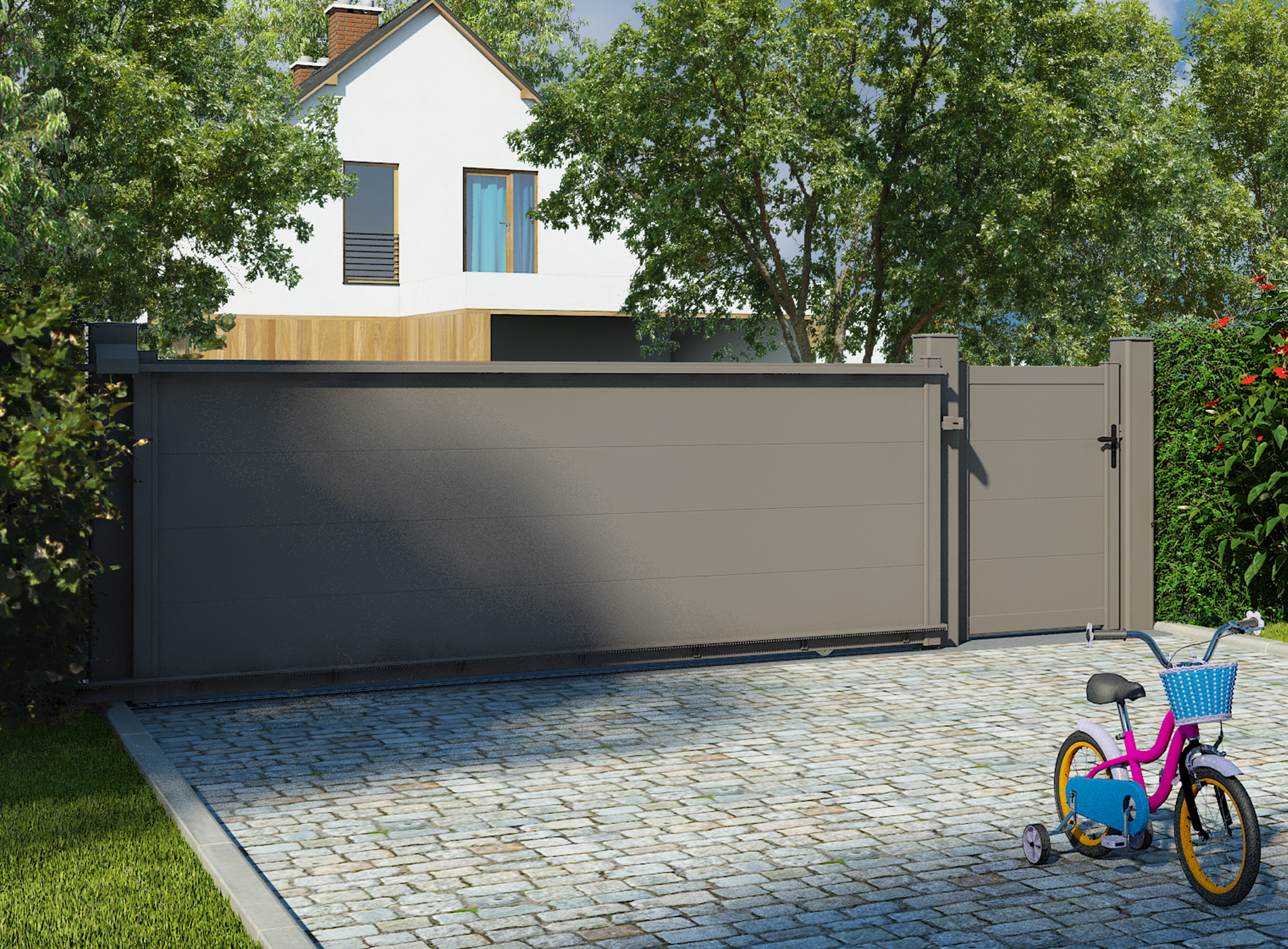 Portail coulissant en aluminium HEZO, Gris Quartz 7039