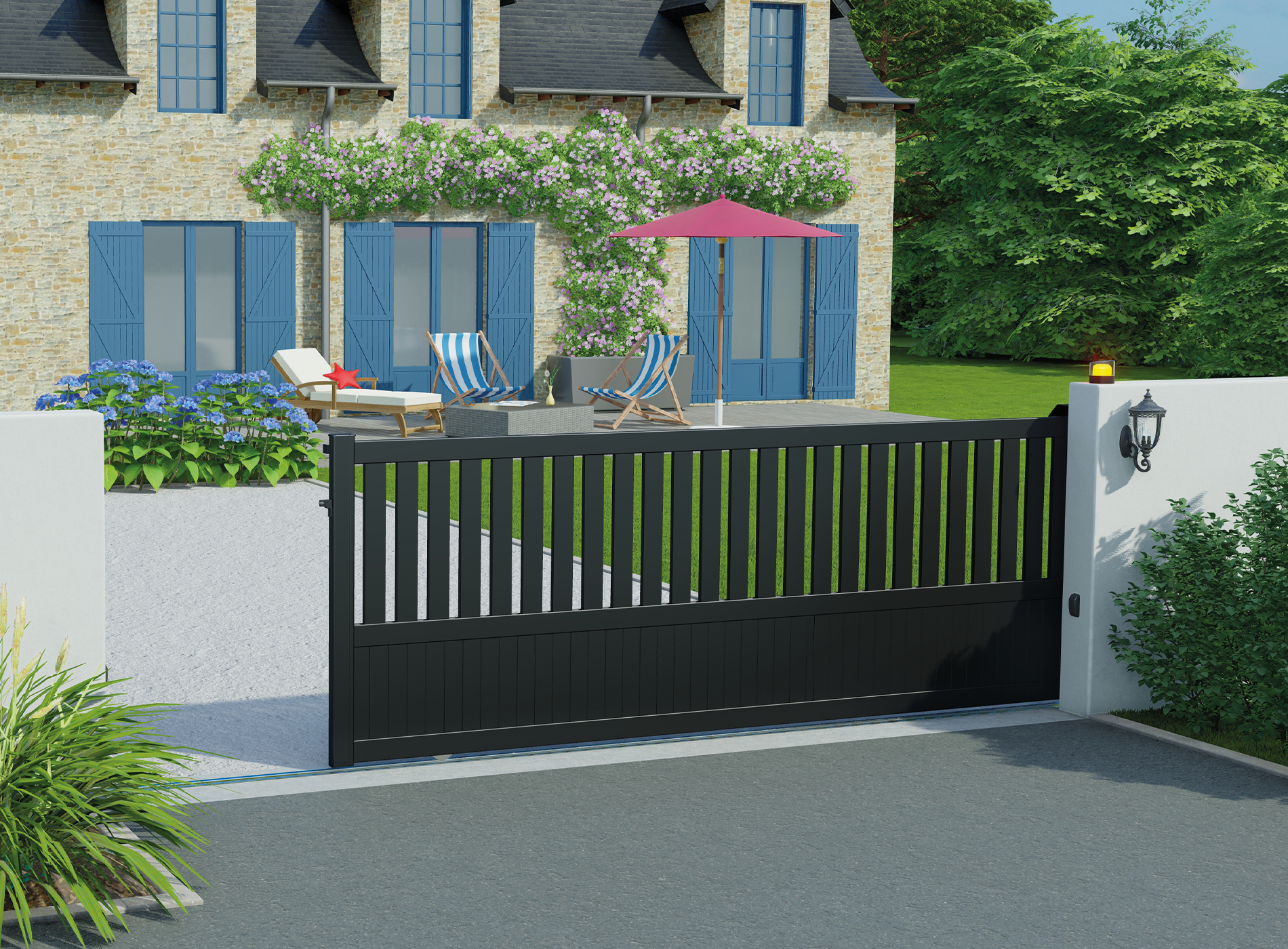 Portail coulissant en aluminium MOELLAN , noir sablé 2100