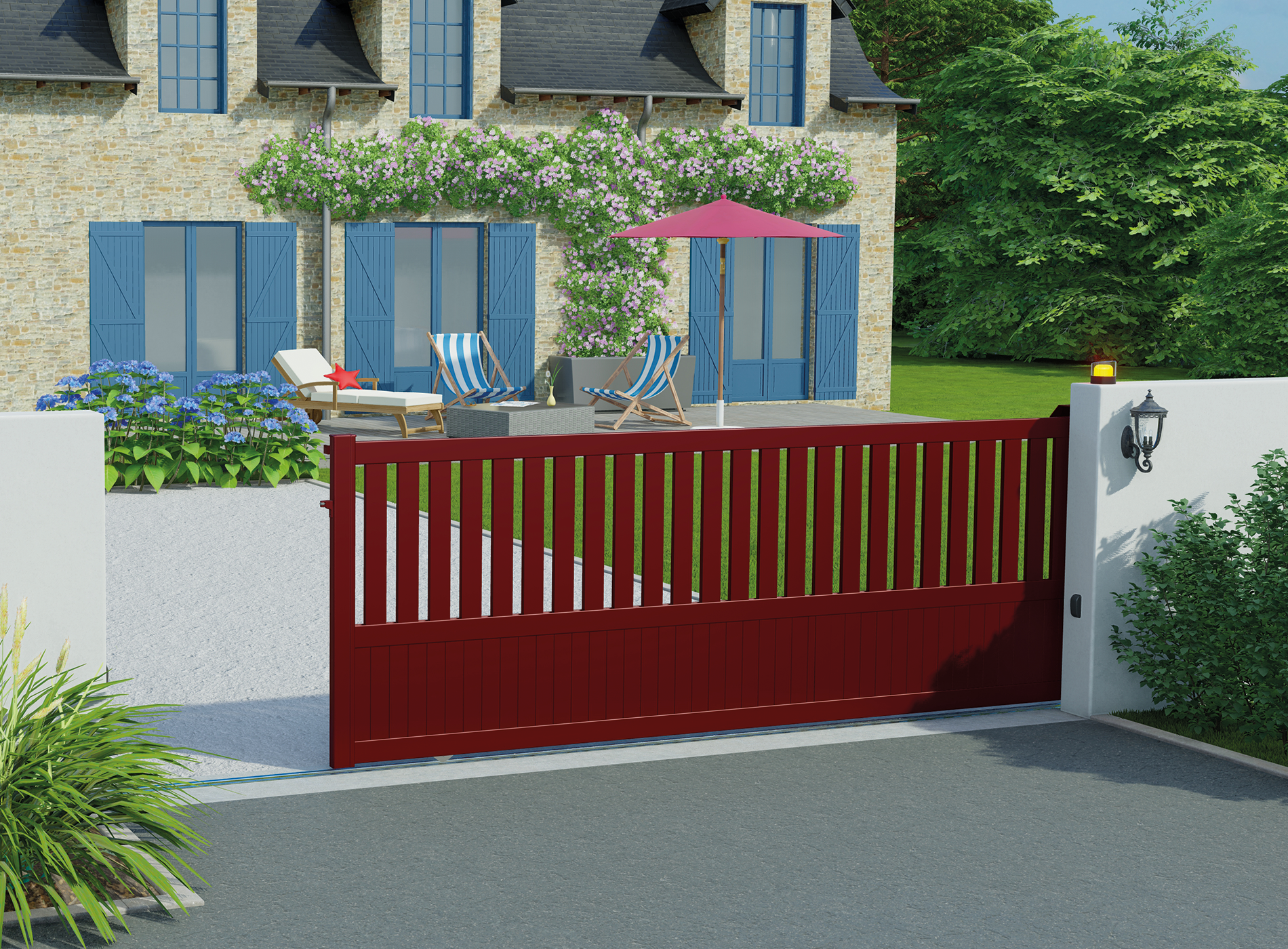 Portail coulissant en aluminium PENMARCH, rouge 3004