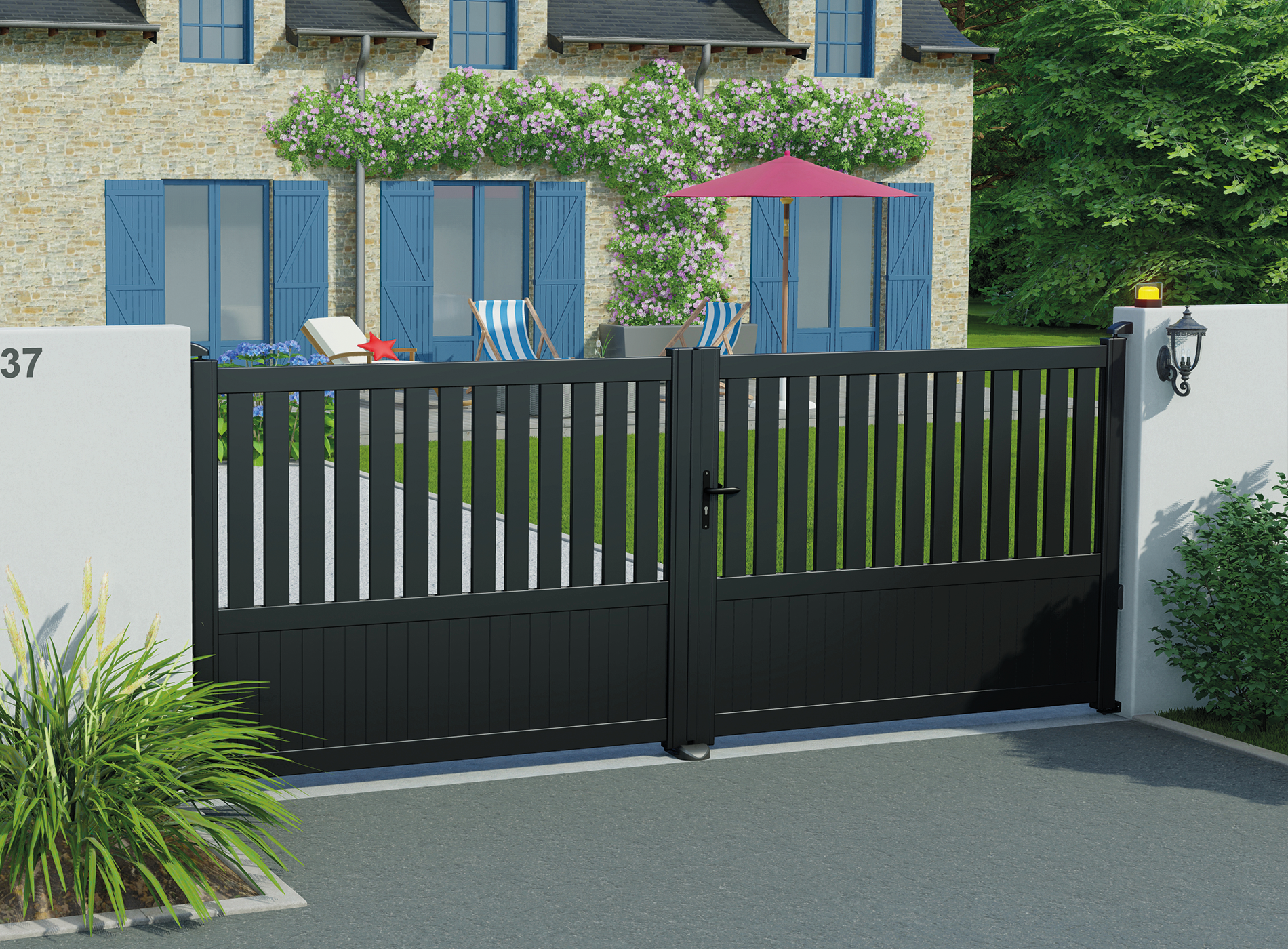 Portail battant en aluminium PENMARCH , noir sablé 2100