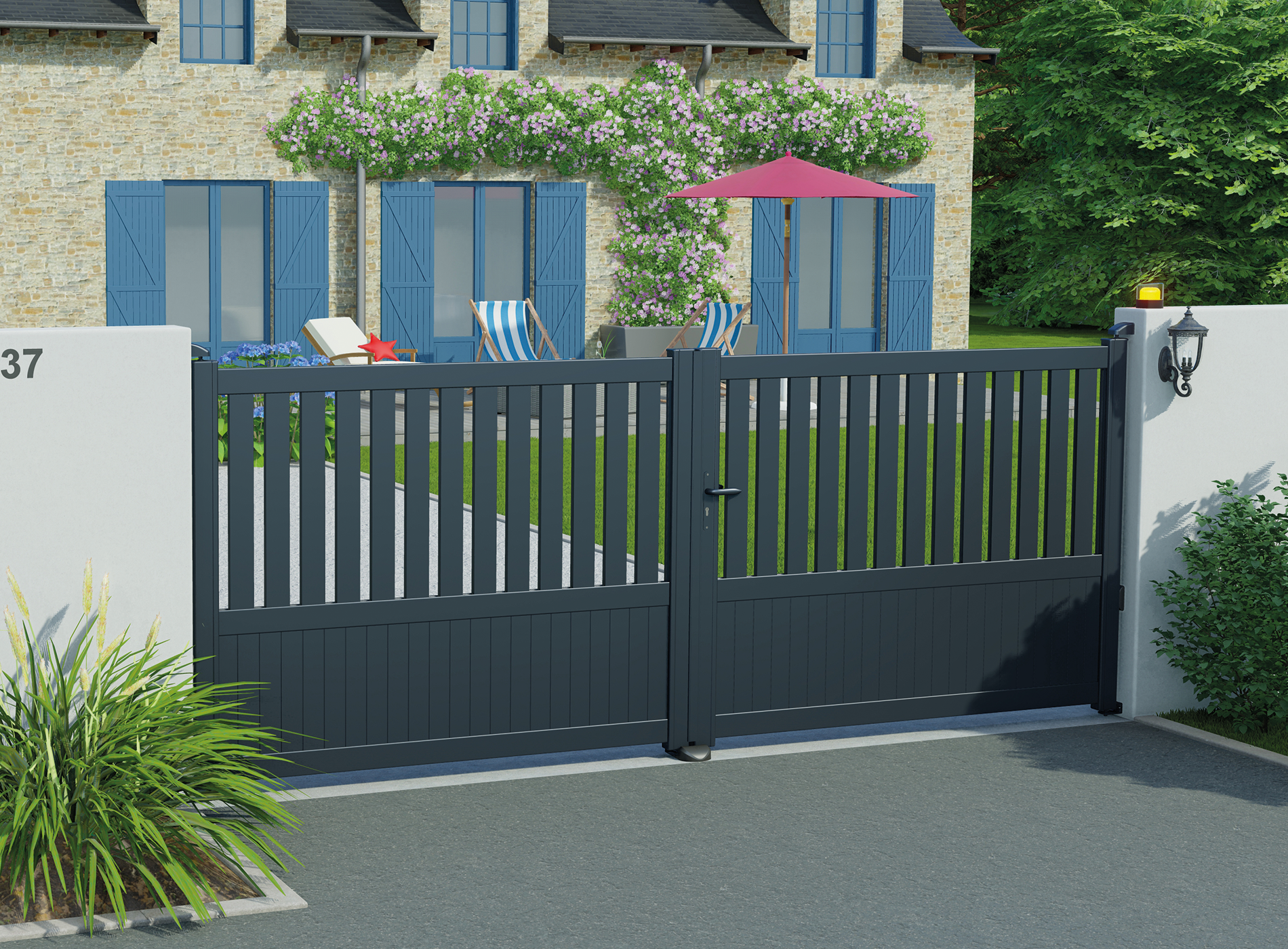 Portail battant en aluminium PENMARCH, gris zinc 7016