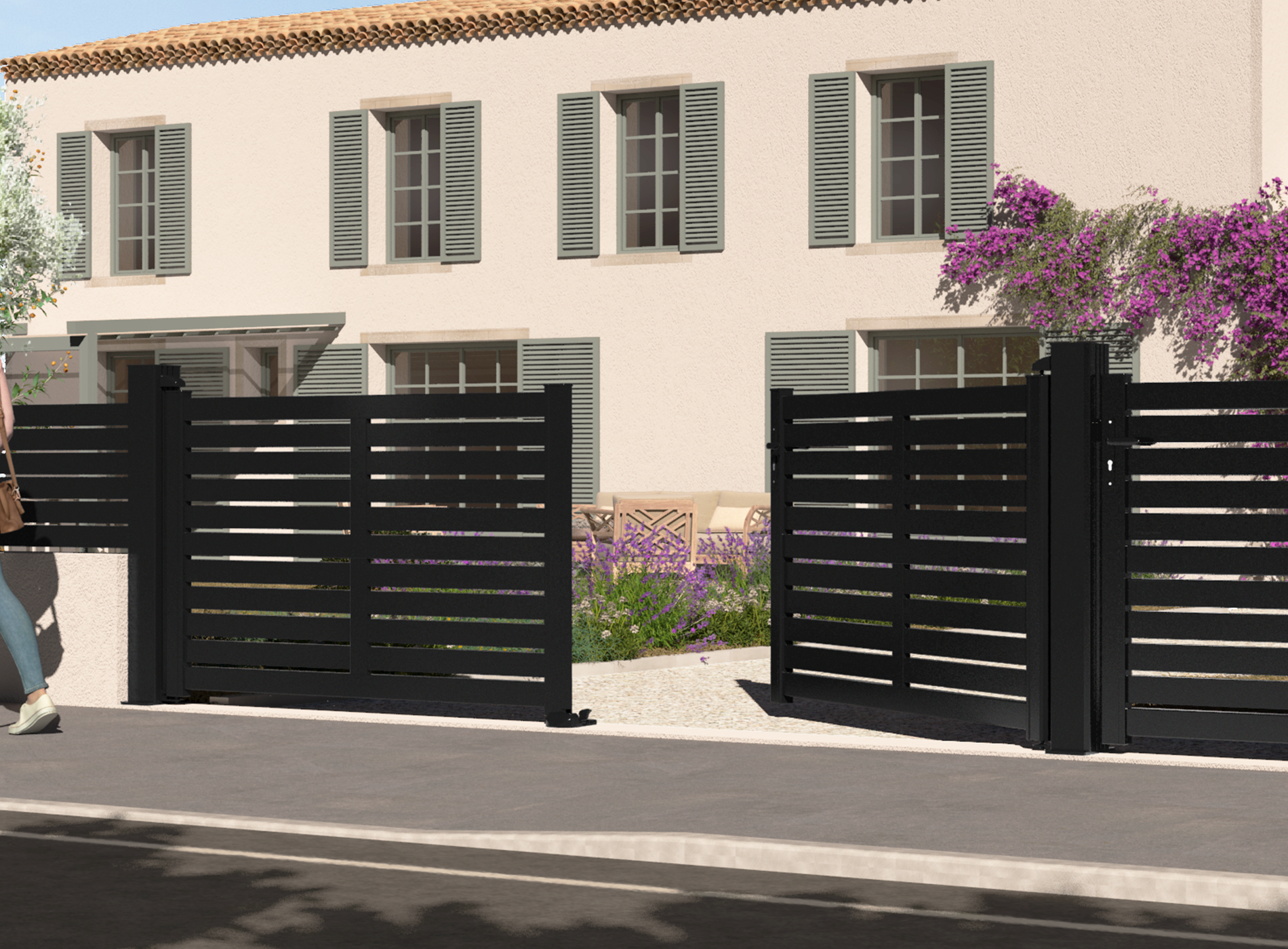 Portail battant en aluminium TREZ , noir sablé 2100