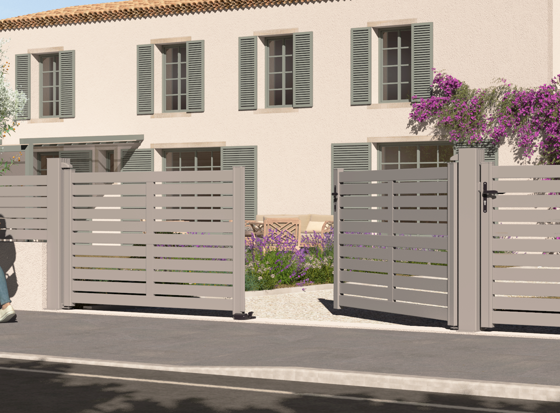 Portail battant en aluminium TREZ , gris quartz 7039