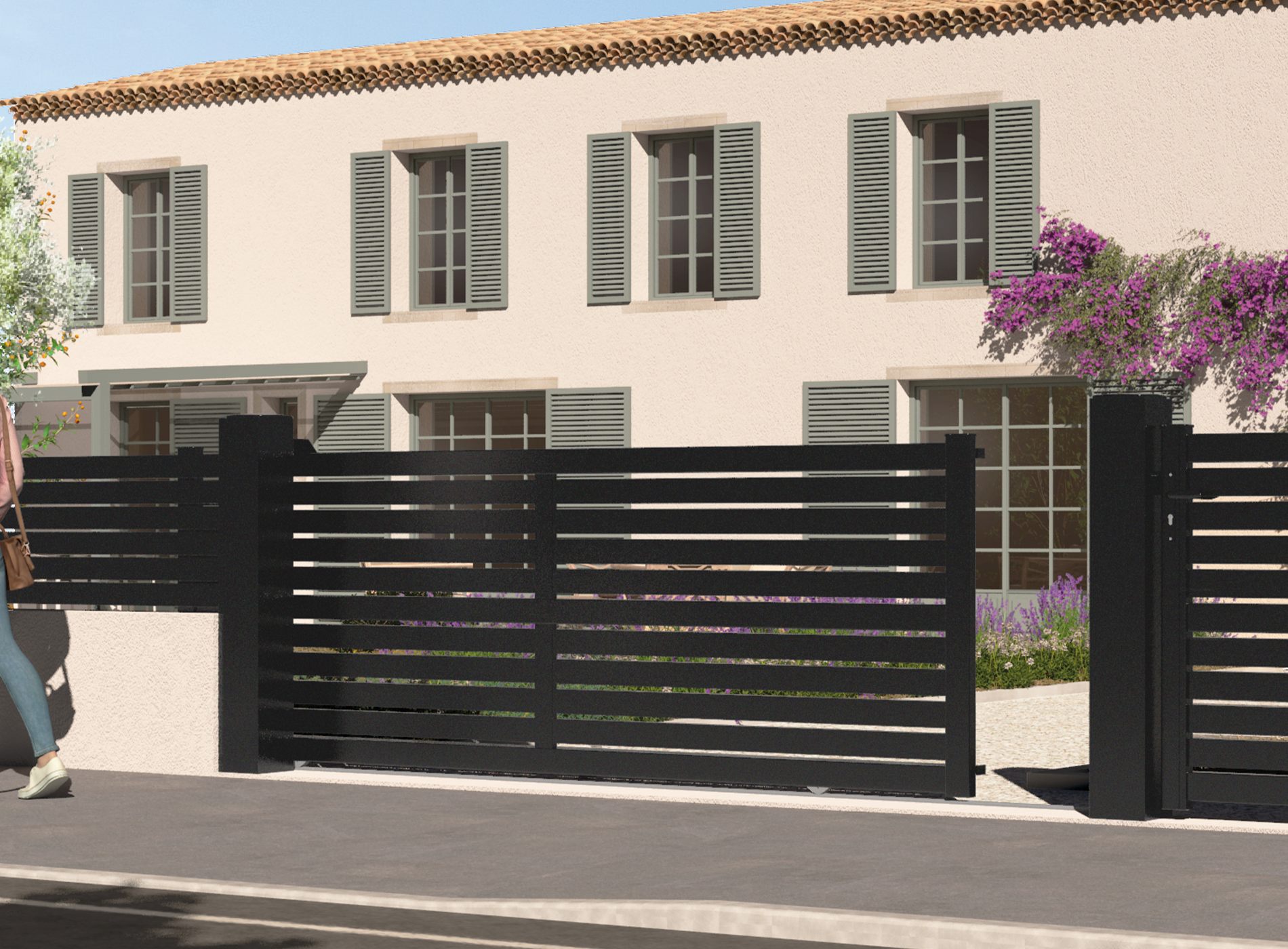 Portail coulissant en aluminium TREZ , noir sablé 2100