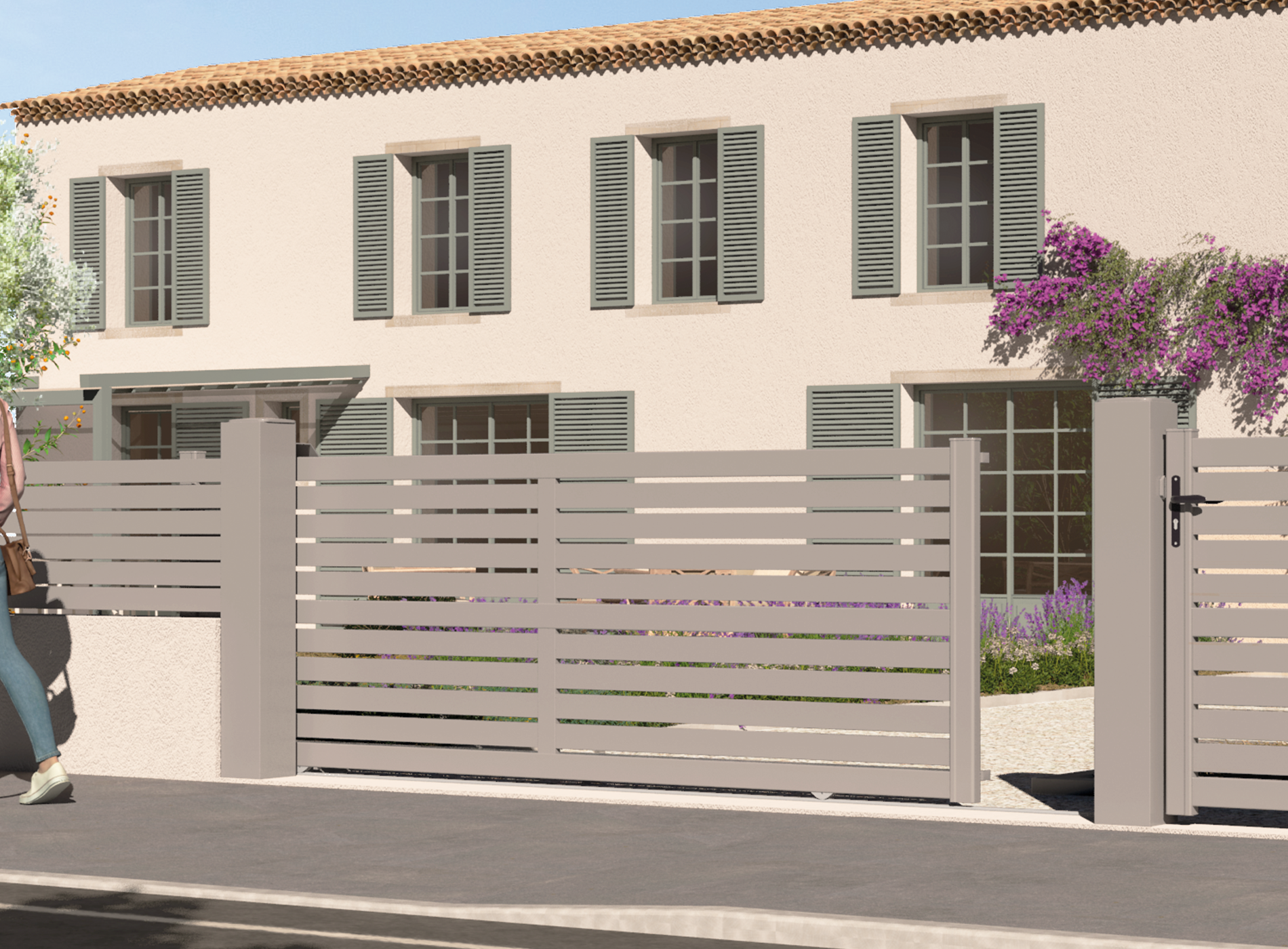 Portail battant en aluminium TREZ , gris quartz 7039