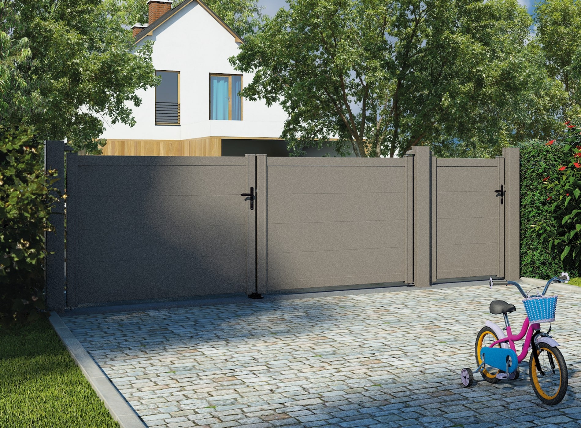 Klos up portail aluminium battant HEZO lames pleines 300 - Gris Sablé 2900