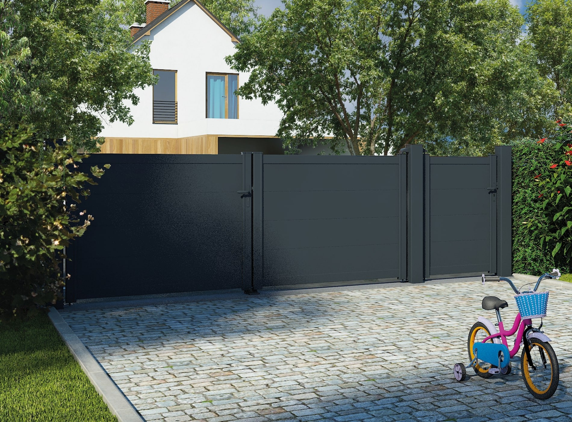 Portail battant plein en aluminium HEZO - Gris zinc (RAL7016) - Ambiance 3D