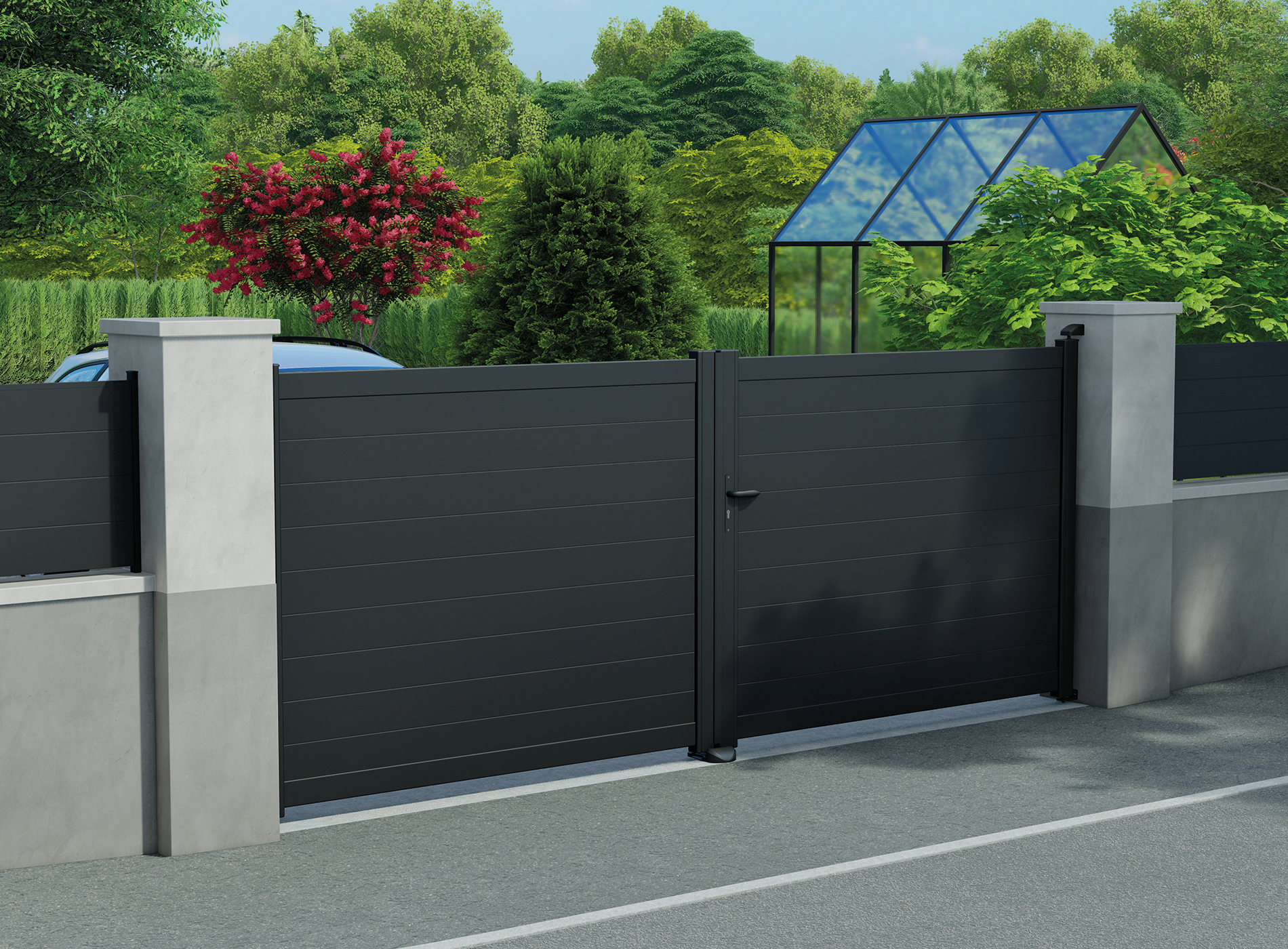 Klos up portail aluminium battant LAO lames pleines 150 - Noir 9005