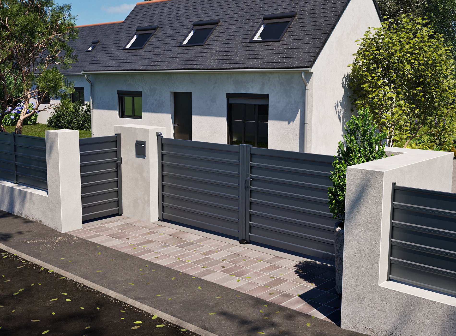 Portail battant en aluminium LEIZ, Gris Zinc 7016